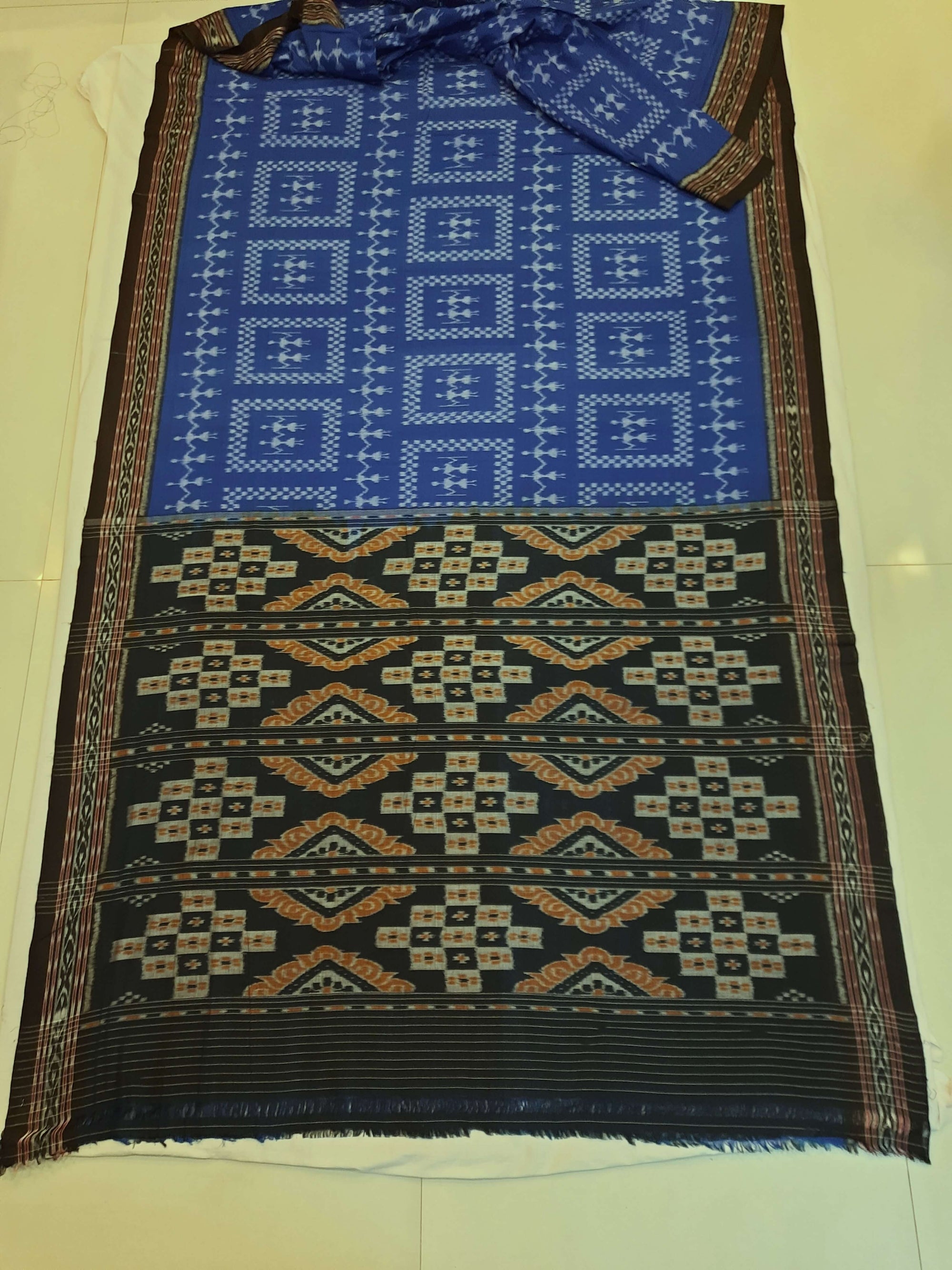 Blue Cotton Odisha Ikat saree  with mix match cotton ikat blouse piece