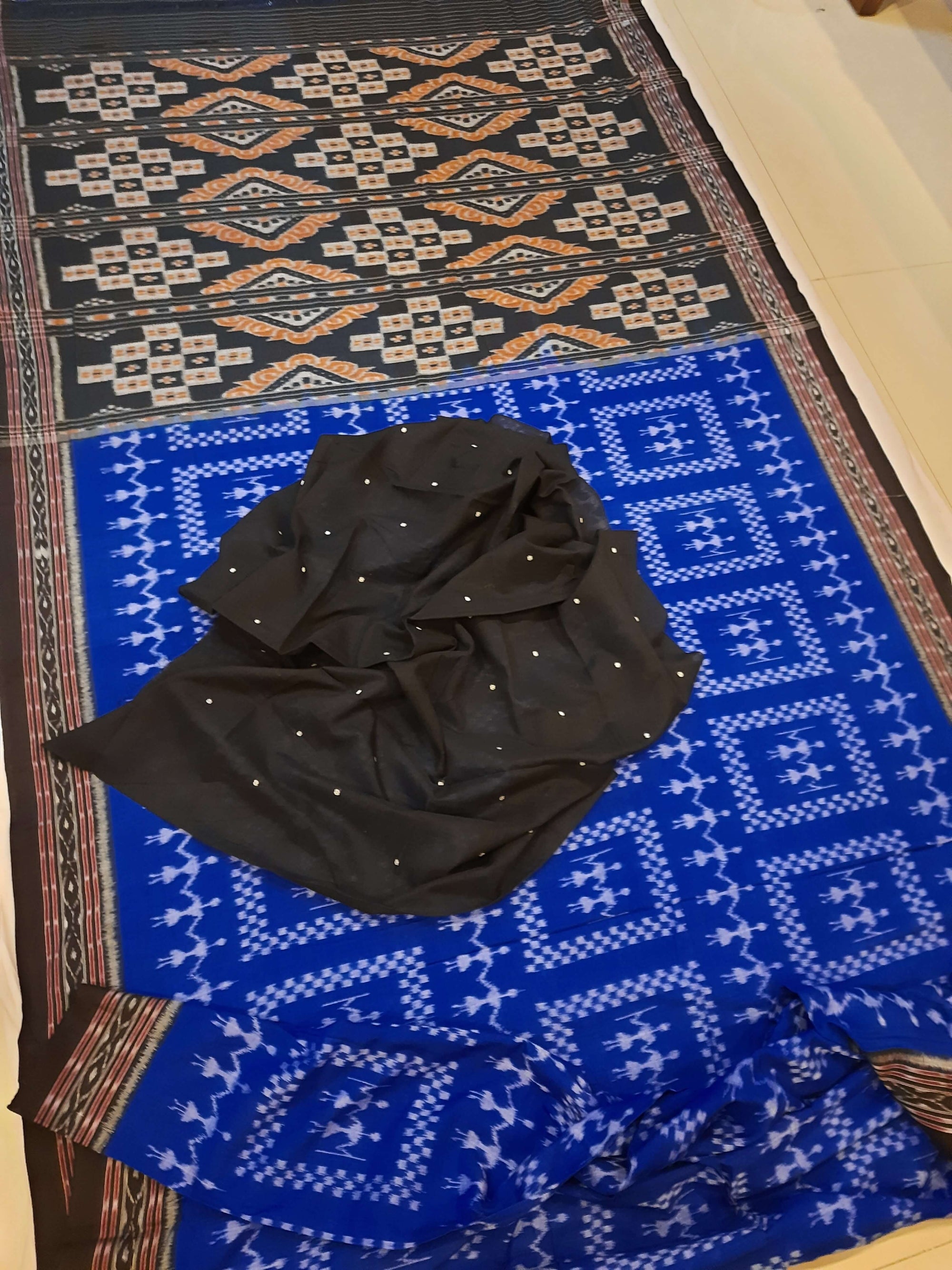 Blue Cotton Odisha Ikat saree  with mix match cotton ikat blouse piece