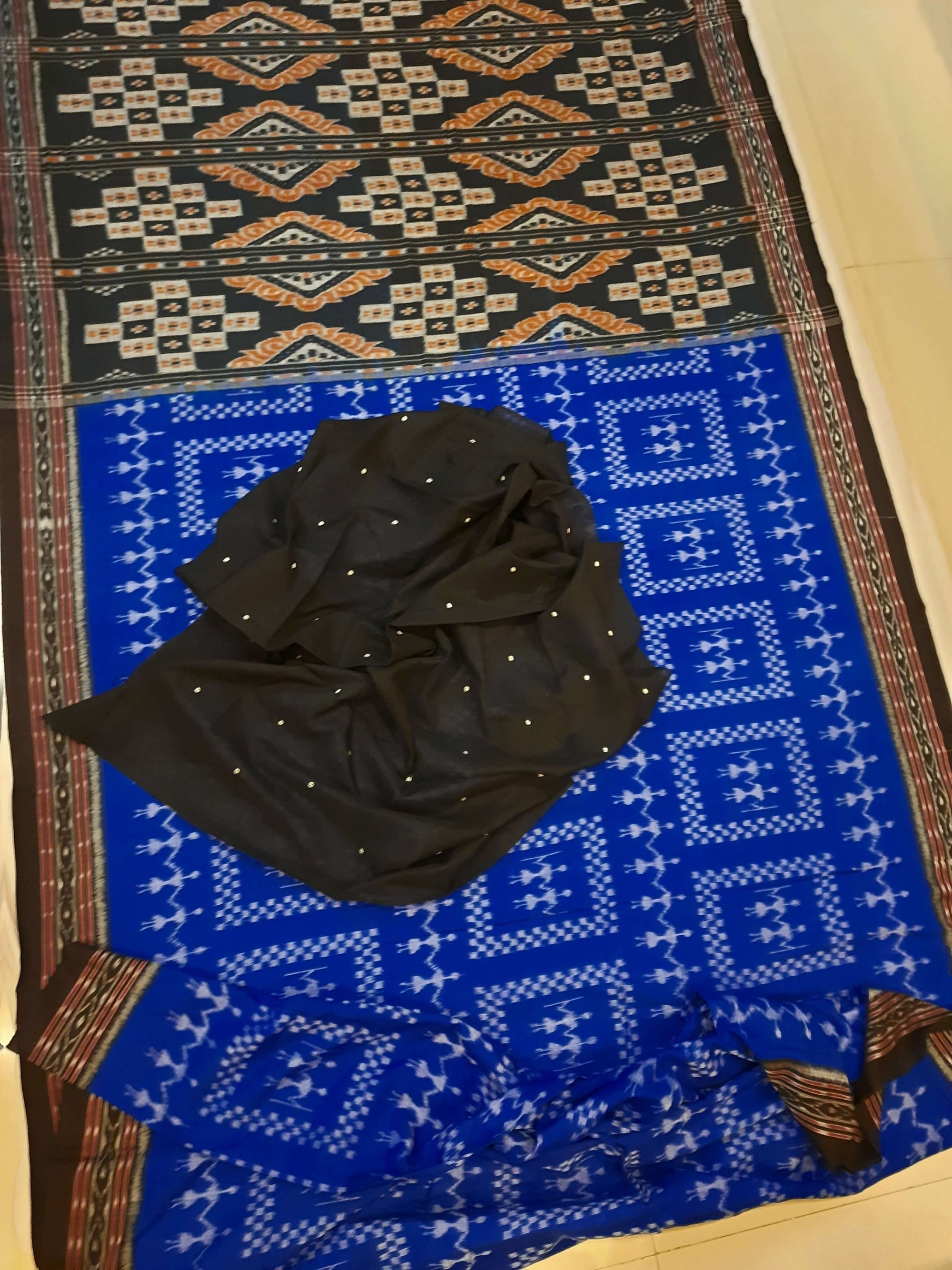 Blue Cotton Odisha Ikat saree  with mix match cotton ikat blouse piece