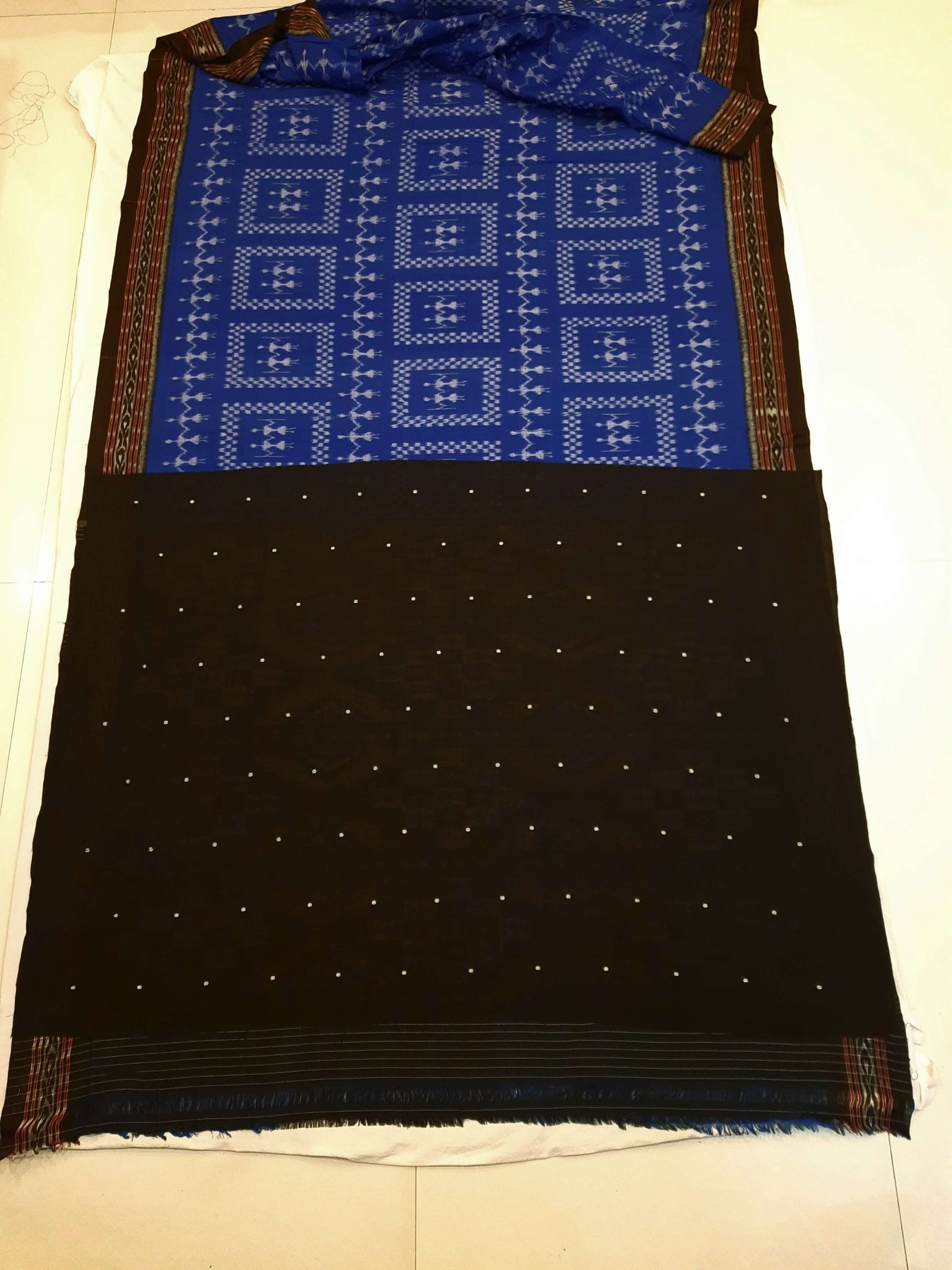 Blue Cotton Odisha Ikat saree  with mix match cotton ikat blouse piece