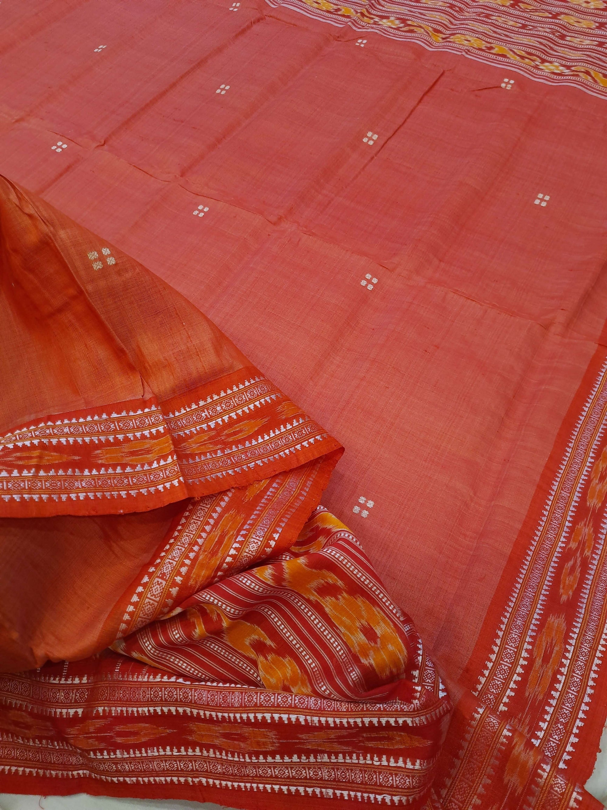 Pink with Red Patli pleats Tussar Silk Odisha Ikat Saree with cotton ikat blouse piece