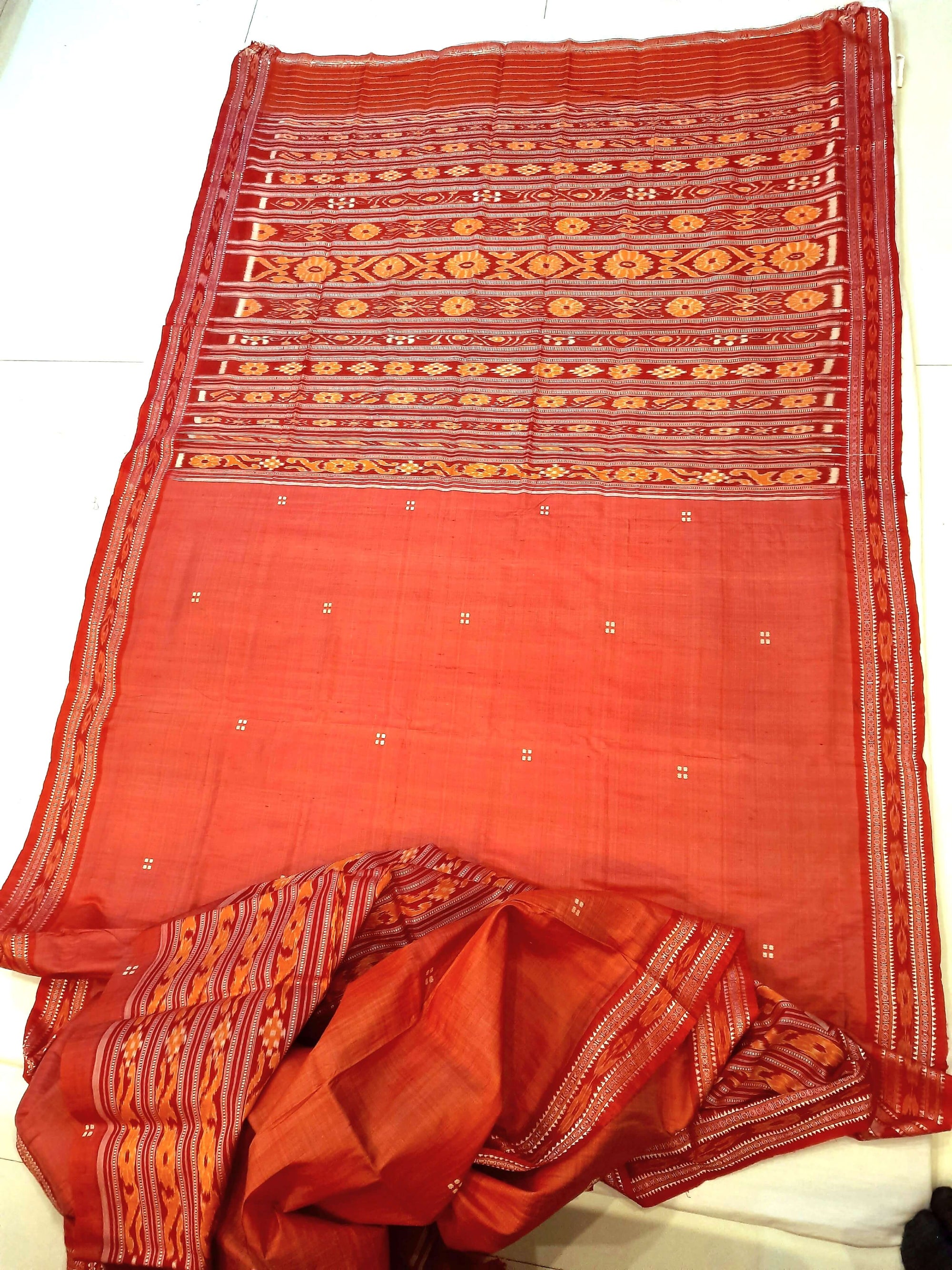 Pink with Red Patli pleats Tussar Silk Odisha Ikat Saree with cotton ikat blouse piece