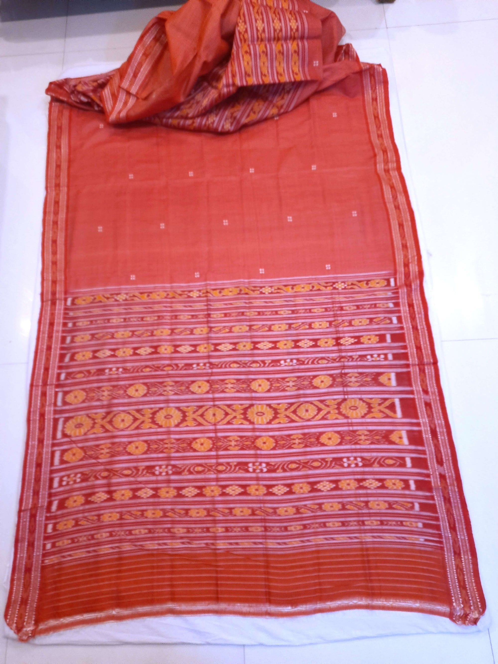 Pink with Red Patli pleats Tussar Silk Odisha Ikat Saree with cotton ikat blouse piece