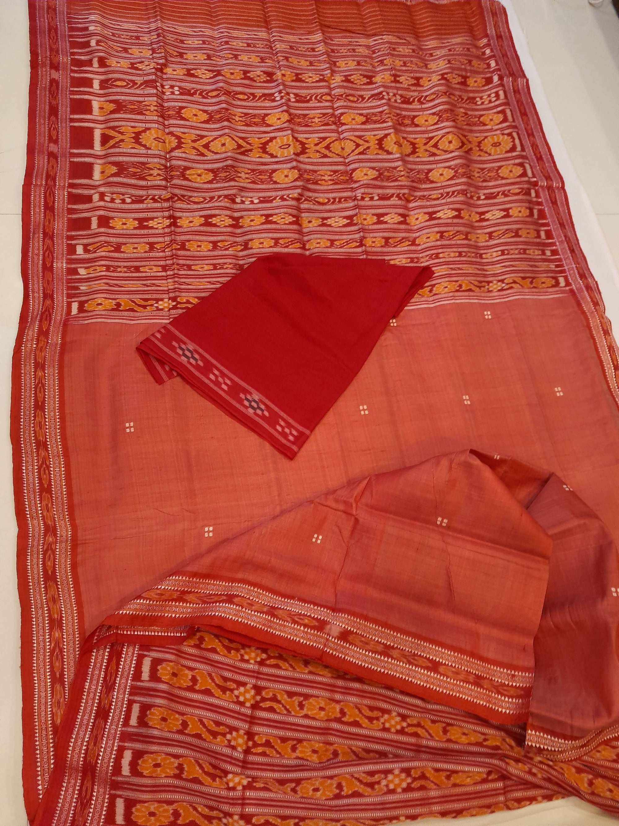 Pink with Red Patli pleats Tussar Silk Odisha Ikat Saree with cotton ikat blouse piece