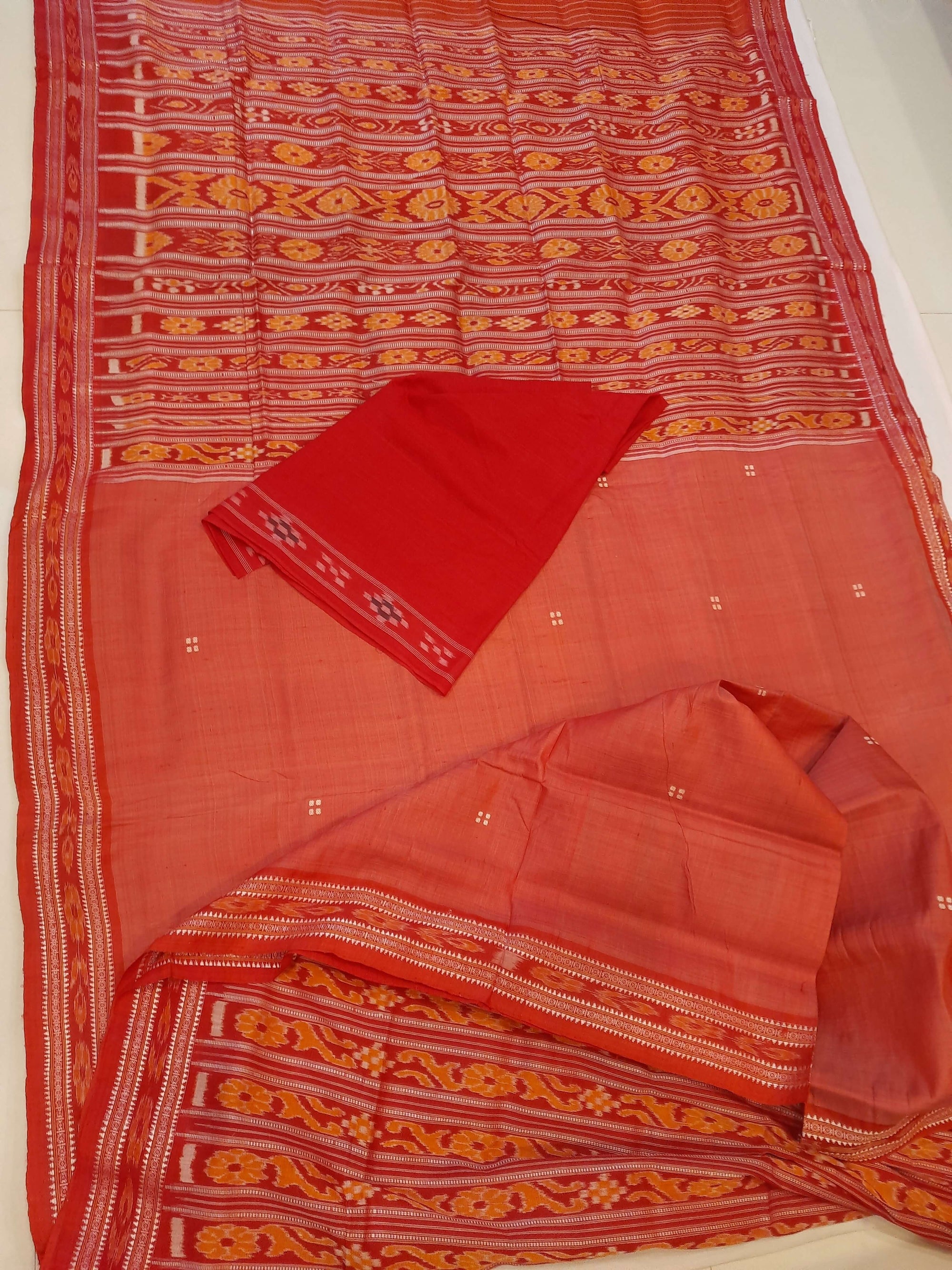 Pink with Red Patli pleats Tussar Silk Odisha Ikat Saree with cotton ikat blouse piece
