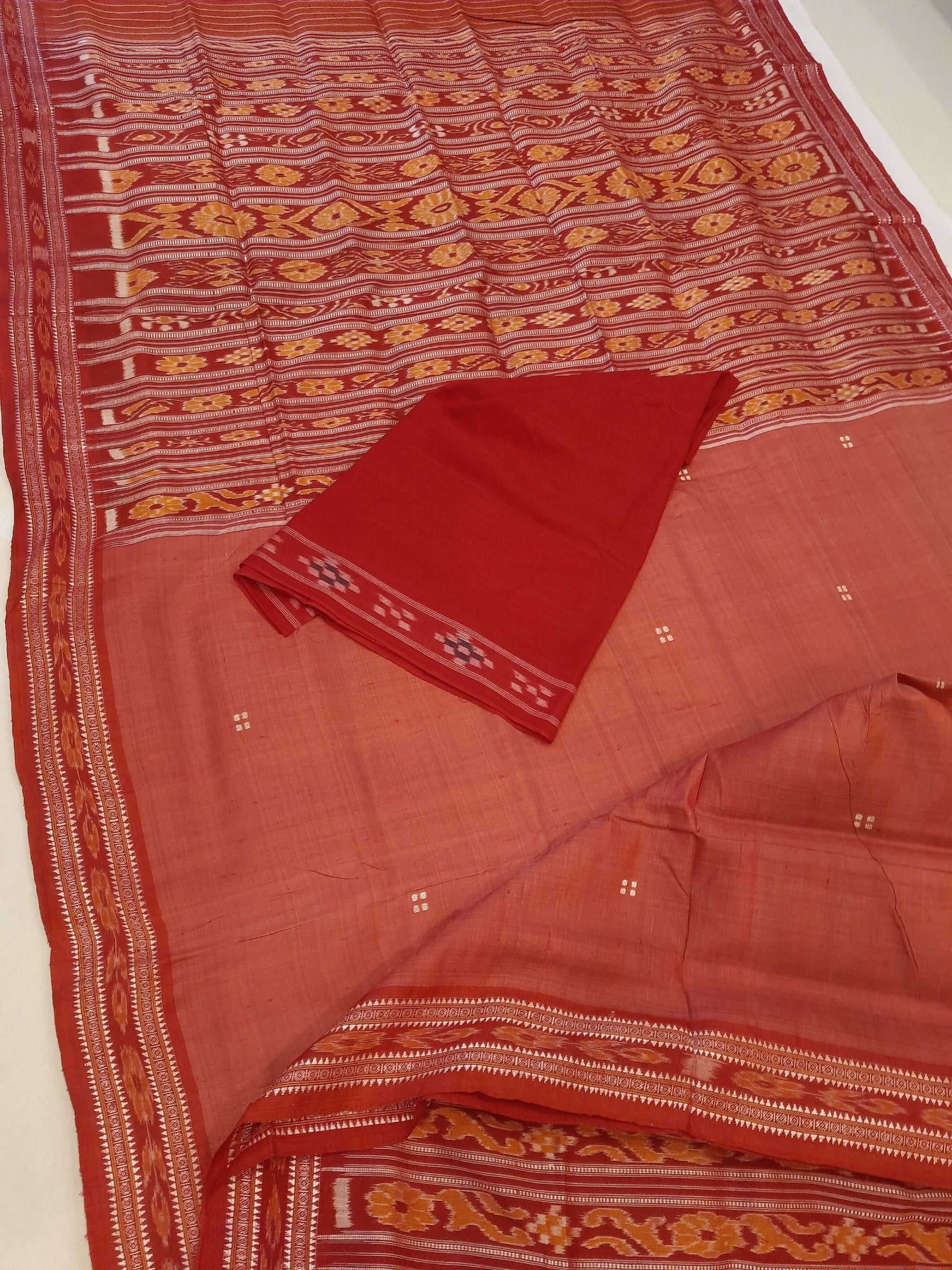 Pink with Red Patli pleats Tussar Silk Odisha Ikat Saree with cotton ikat blouse piece