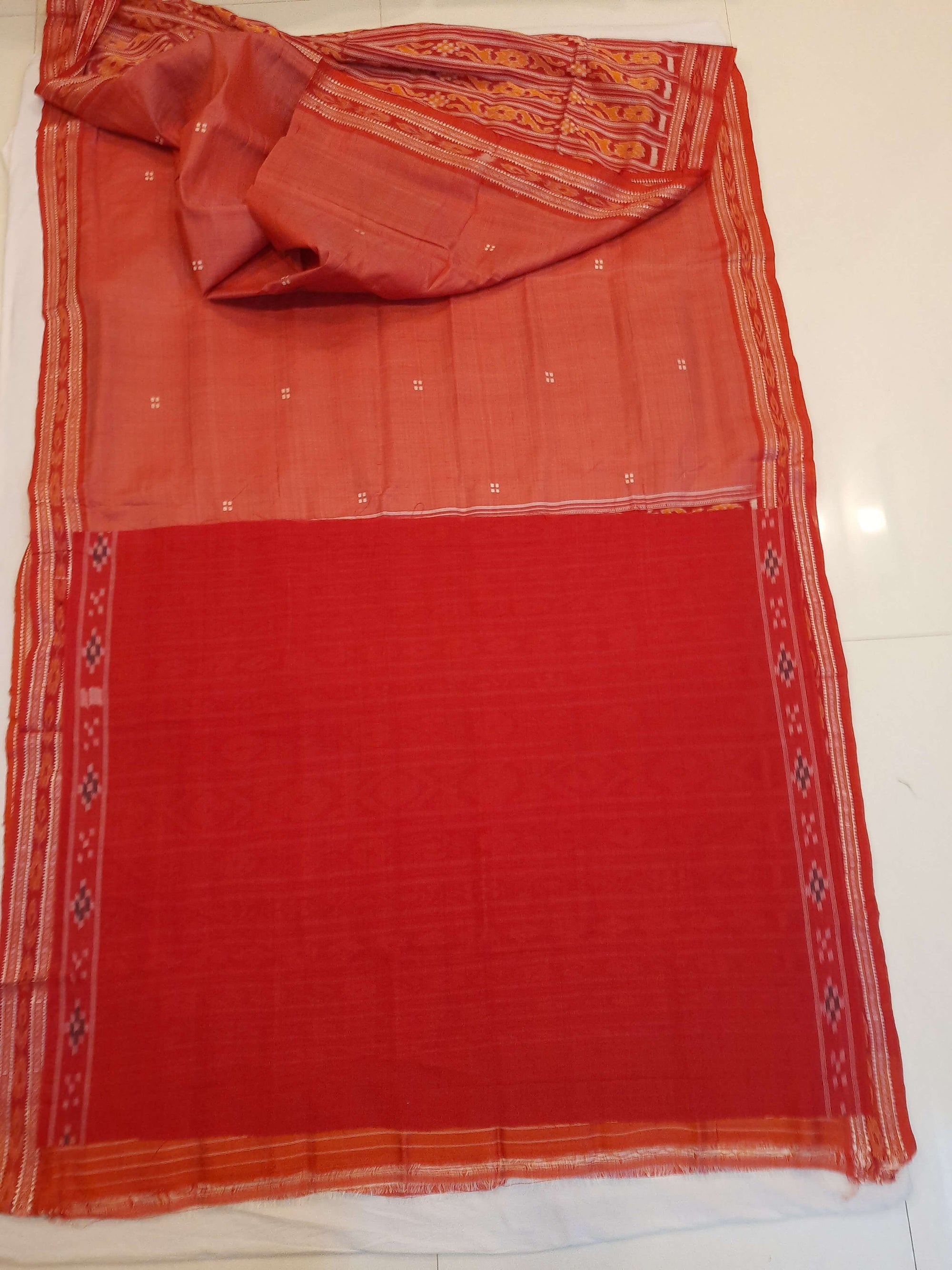 Pink with Red Patli pleats Tussar Silk Odisha Ikat Saree with cotton ikat blouse piece