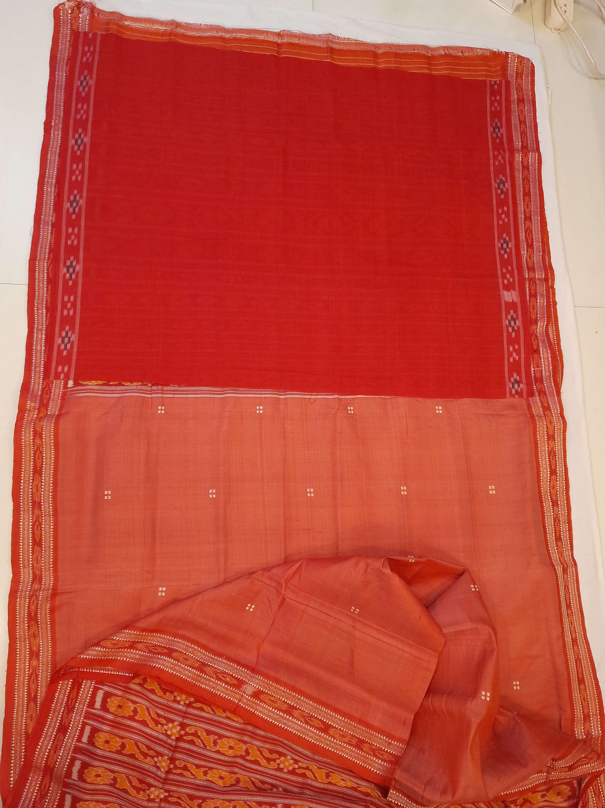 Pink with Red Patli pleats Tussar Silk Odisha Ikat Saree with cotton ikat blouse piece