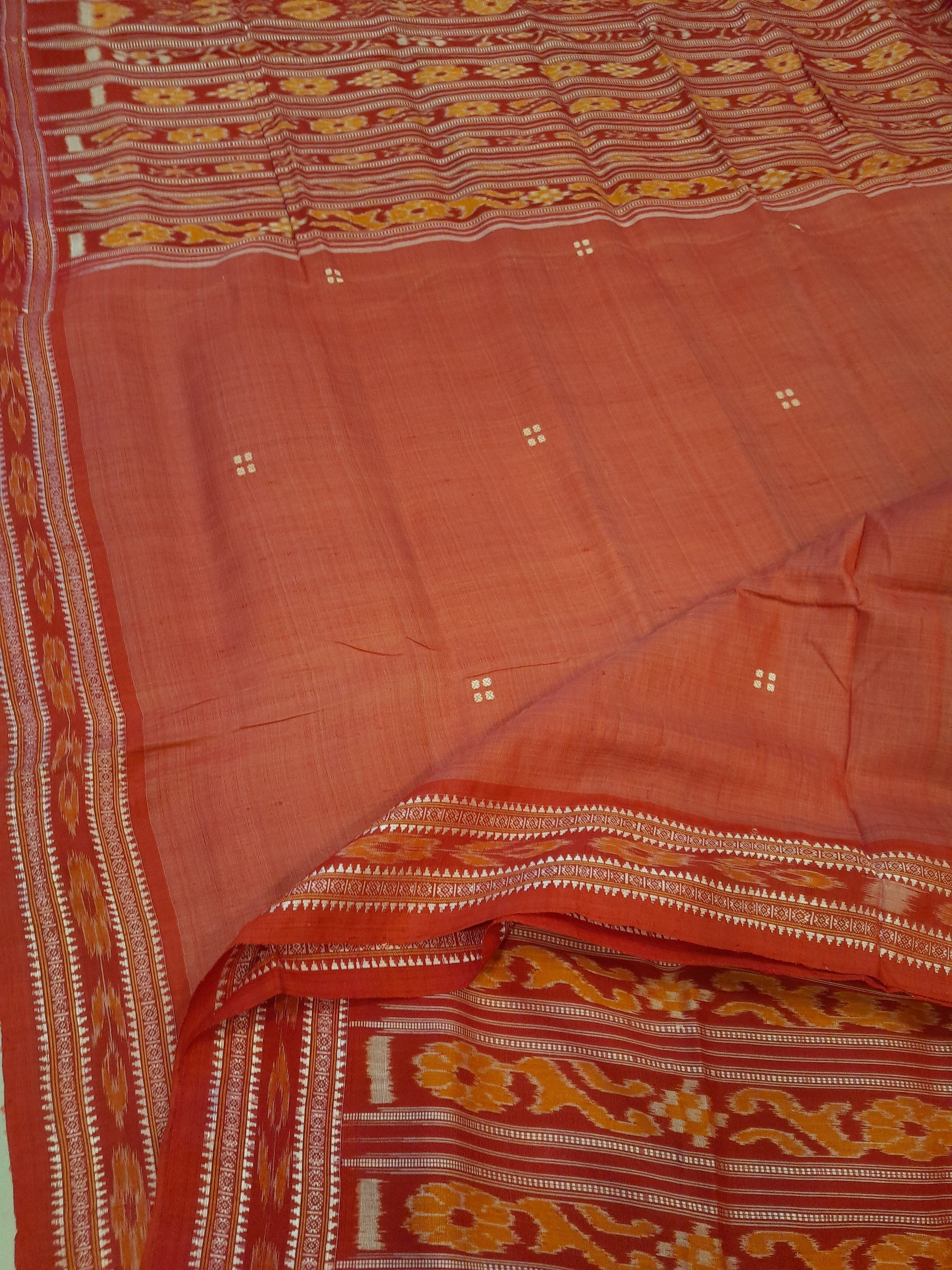 Pink with Red Patli pleats Tussar Silk Odisha Ikat Saree with cotton ikat blouse piece