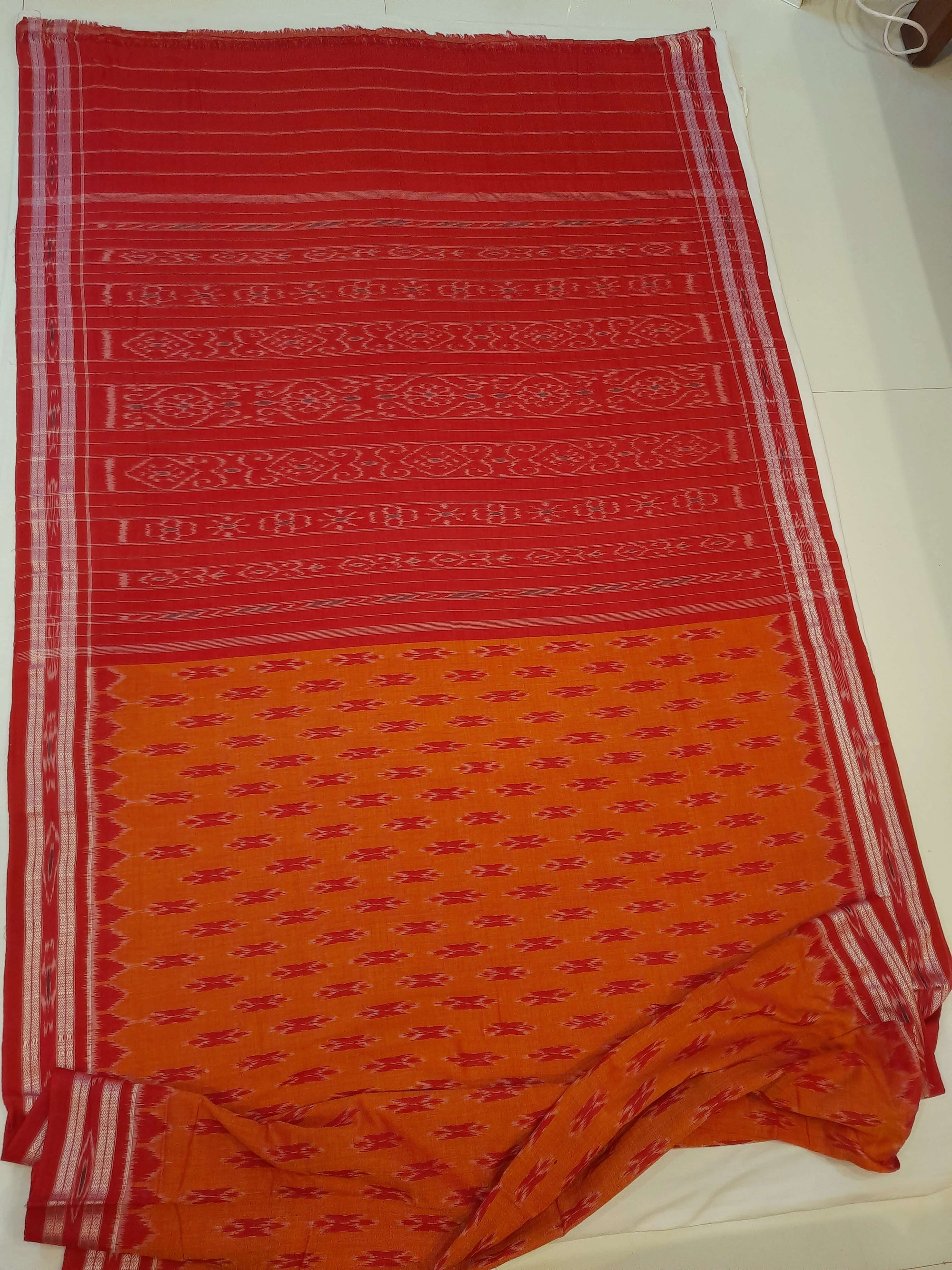 Rust with Red Cotton Odisha Ikat saree with cotton ikat blouse piece