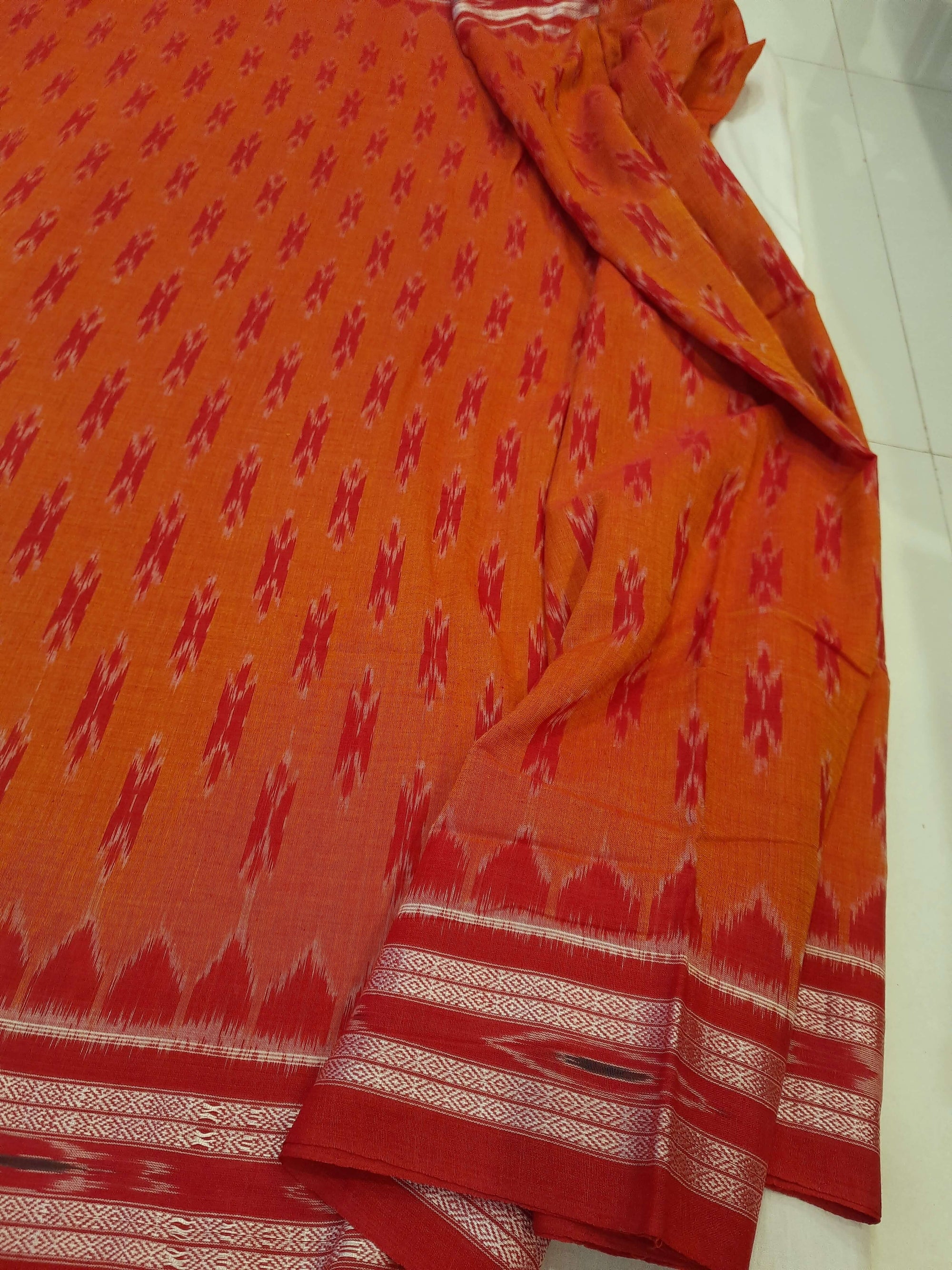 Rust with Red Cotton Odisha Ikat saree with cotton ikat blouse piece
