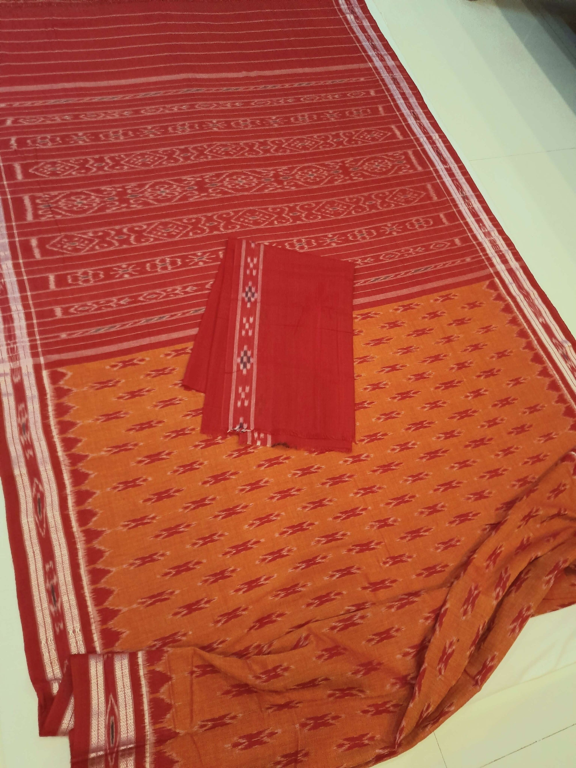 Rust with Red Cotton Odisha Ikat saree with cotton ikat blouse piece