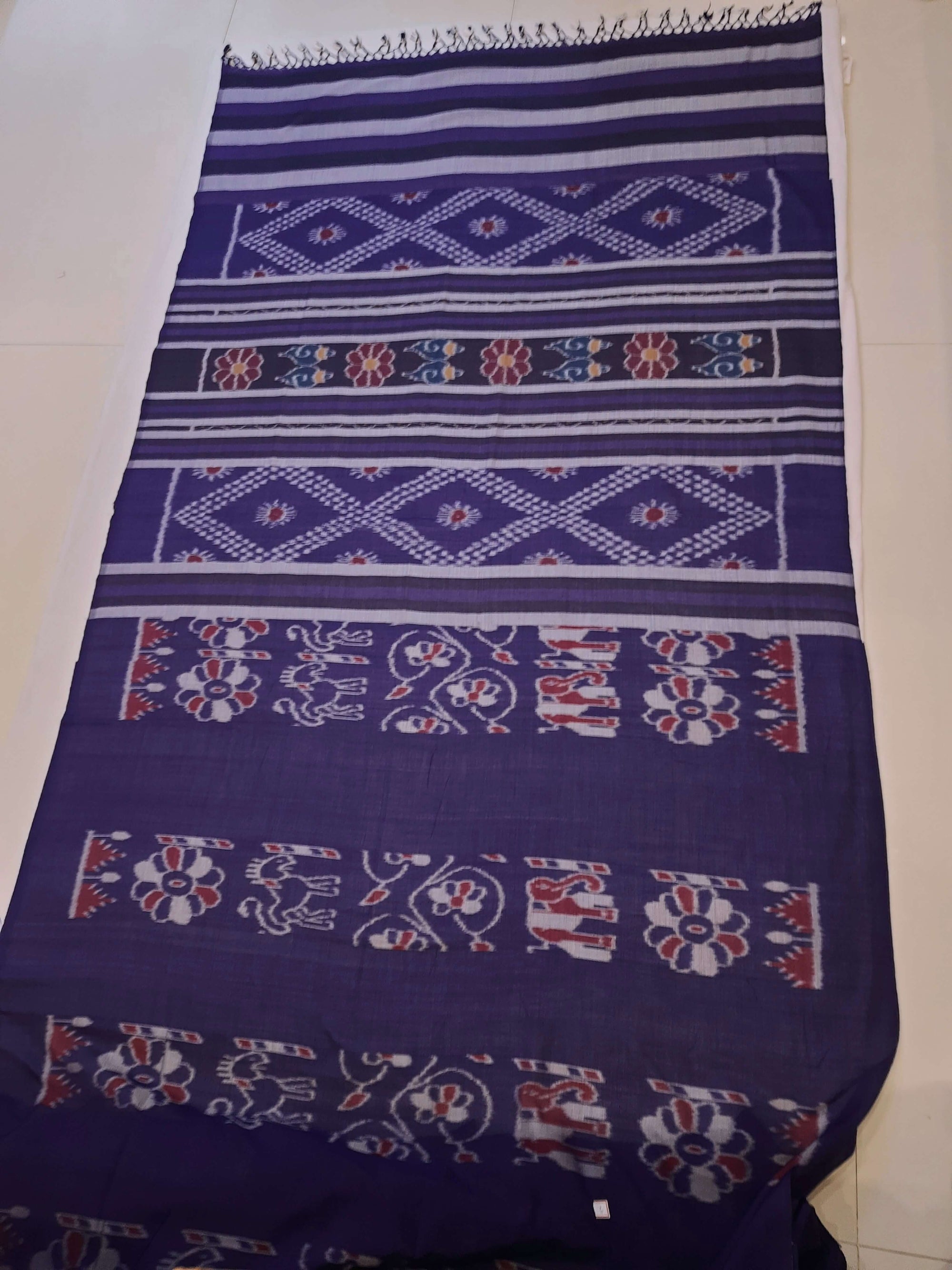 Blue cotton ikat wide border Saree with mix match cotton ikat blouse piece