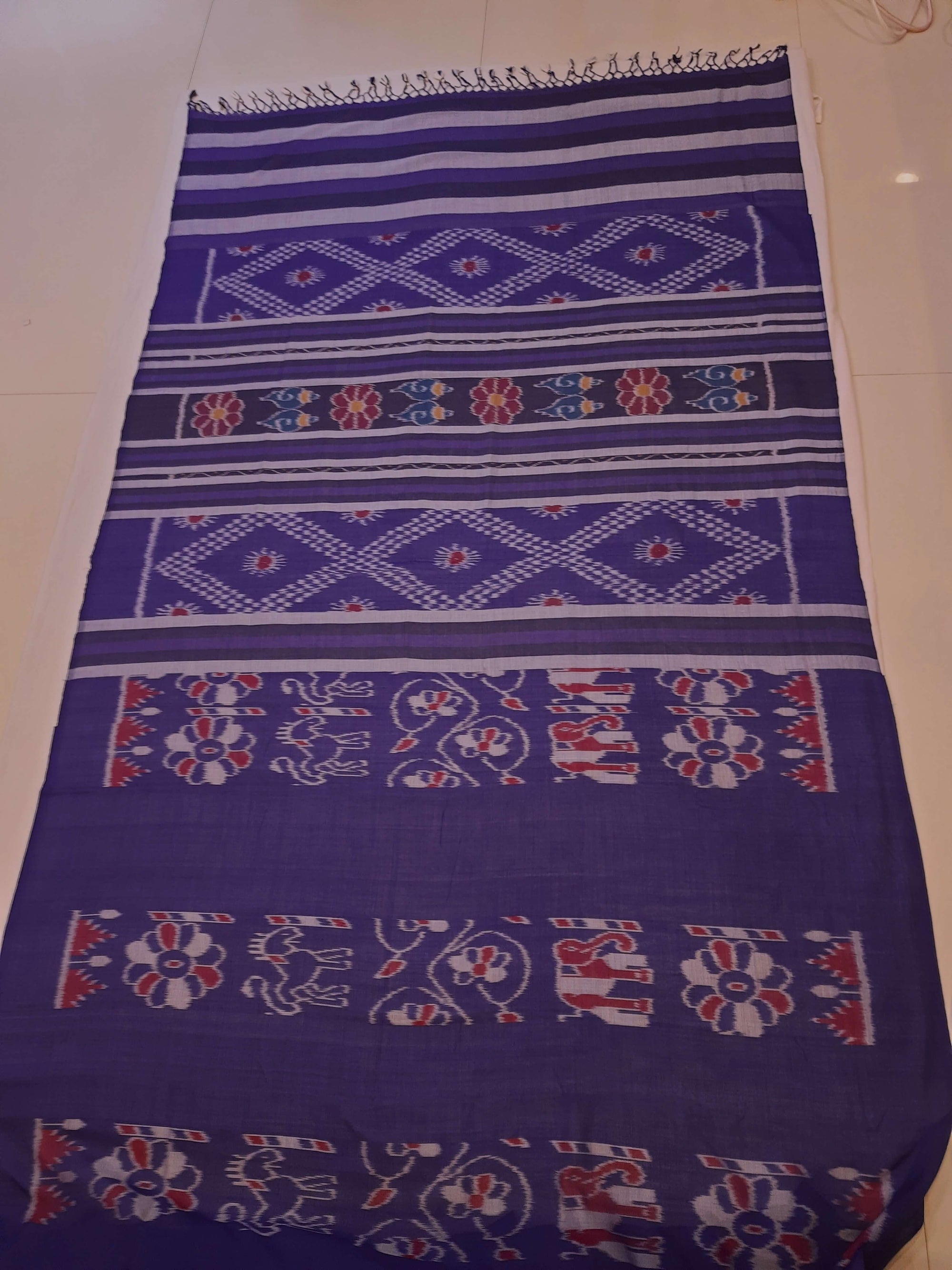 Blue cotton ikat wide border Saree with mix match cotton ikat blouse piece