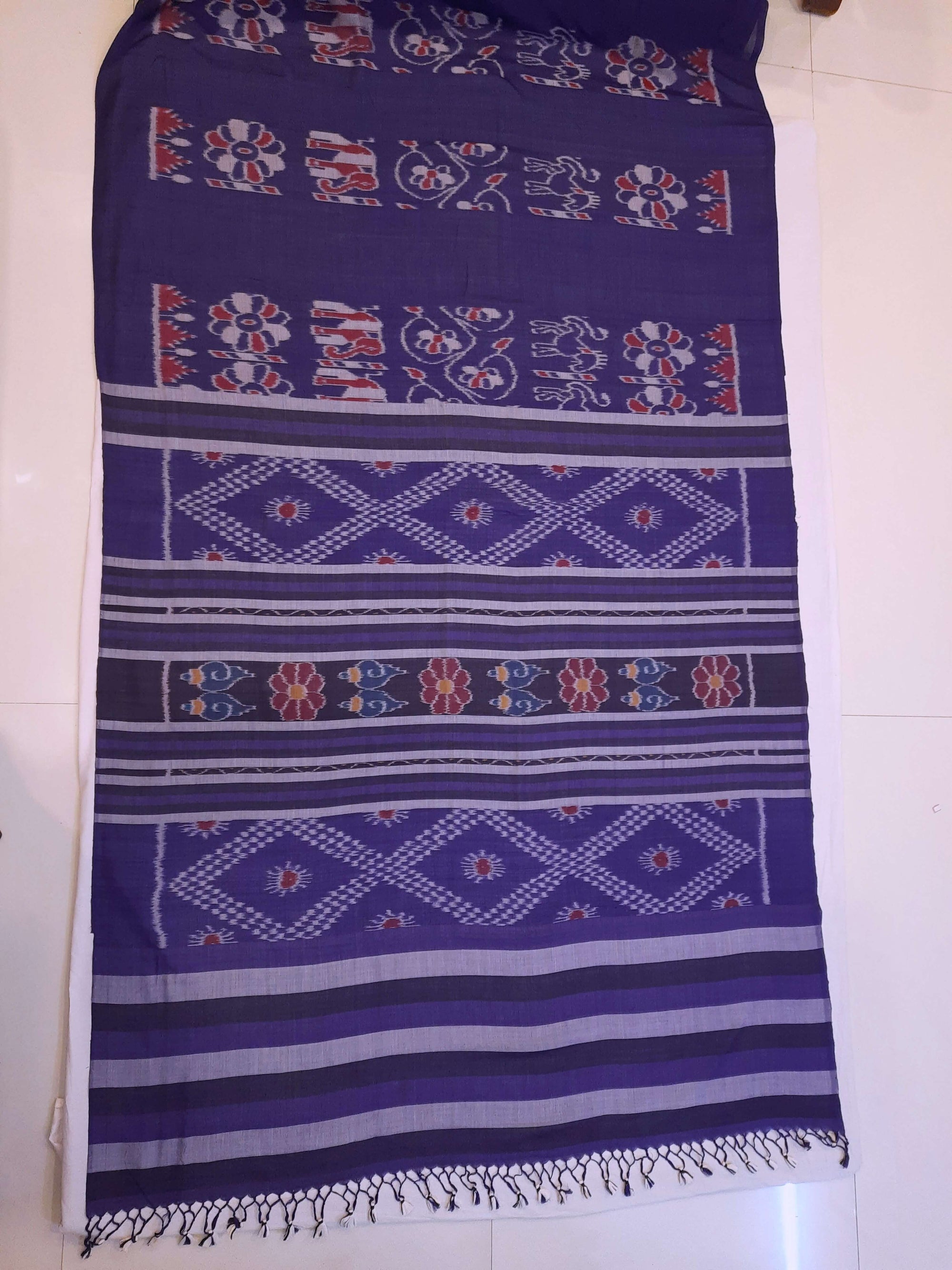 Blue cotton ikat wide border Saree with mix match cotton ikat blouse piece
