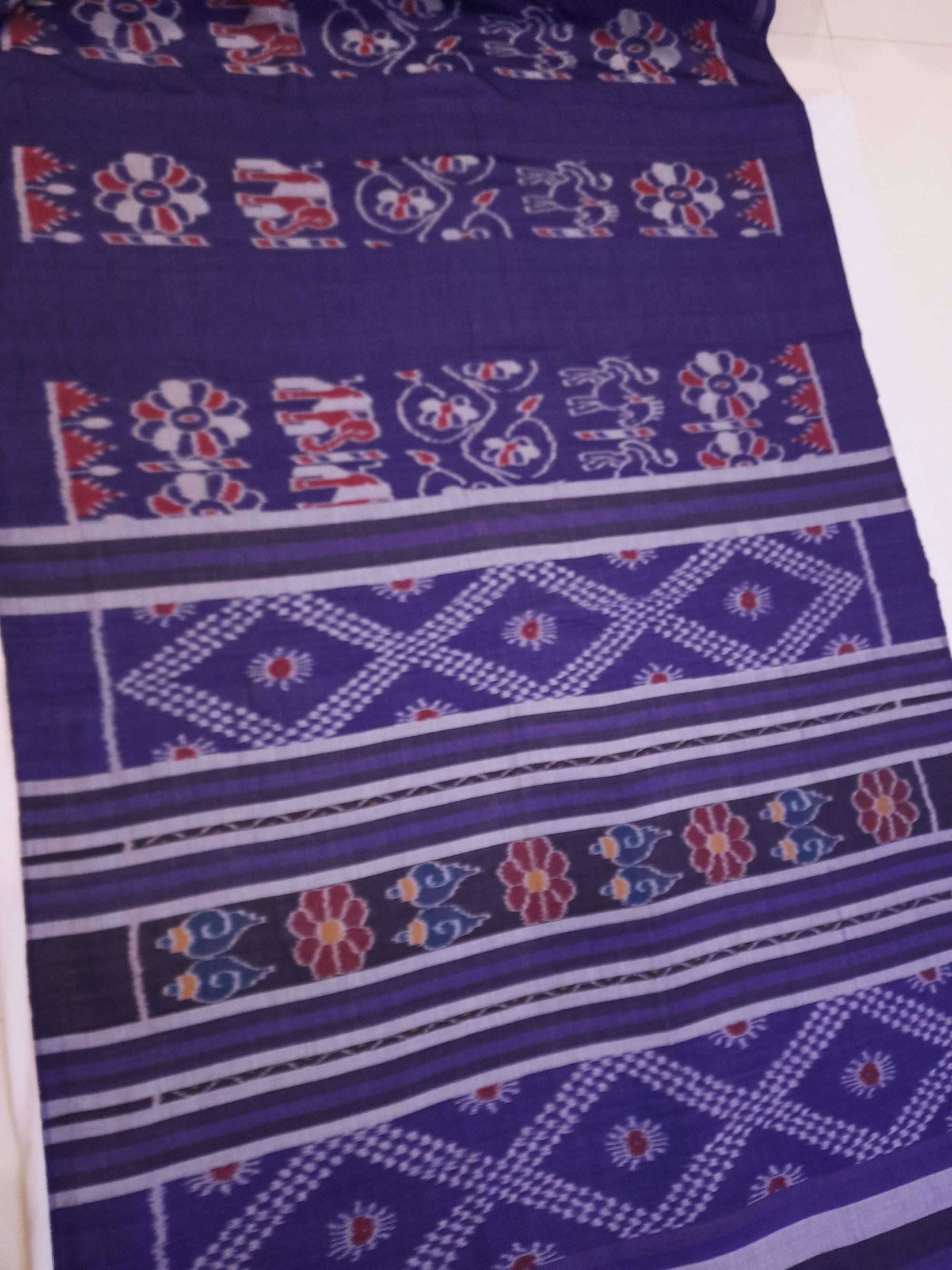 Blue cotton ikat wide border Saree with mix match cotton ikat blouse piece