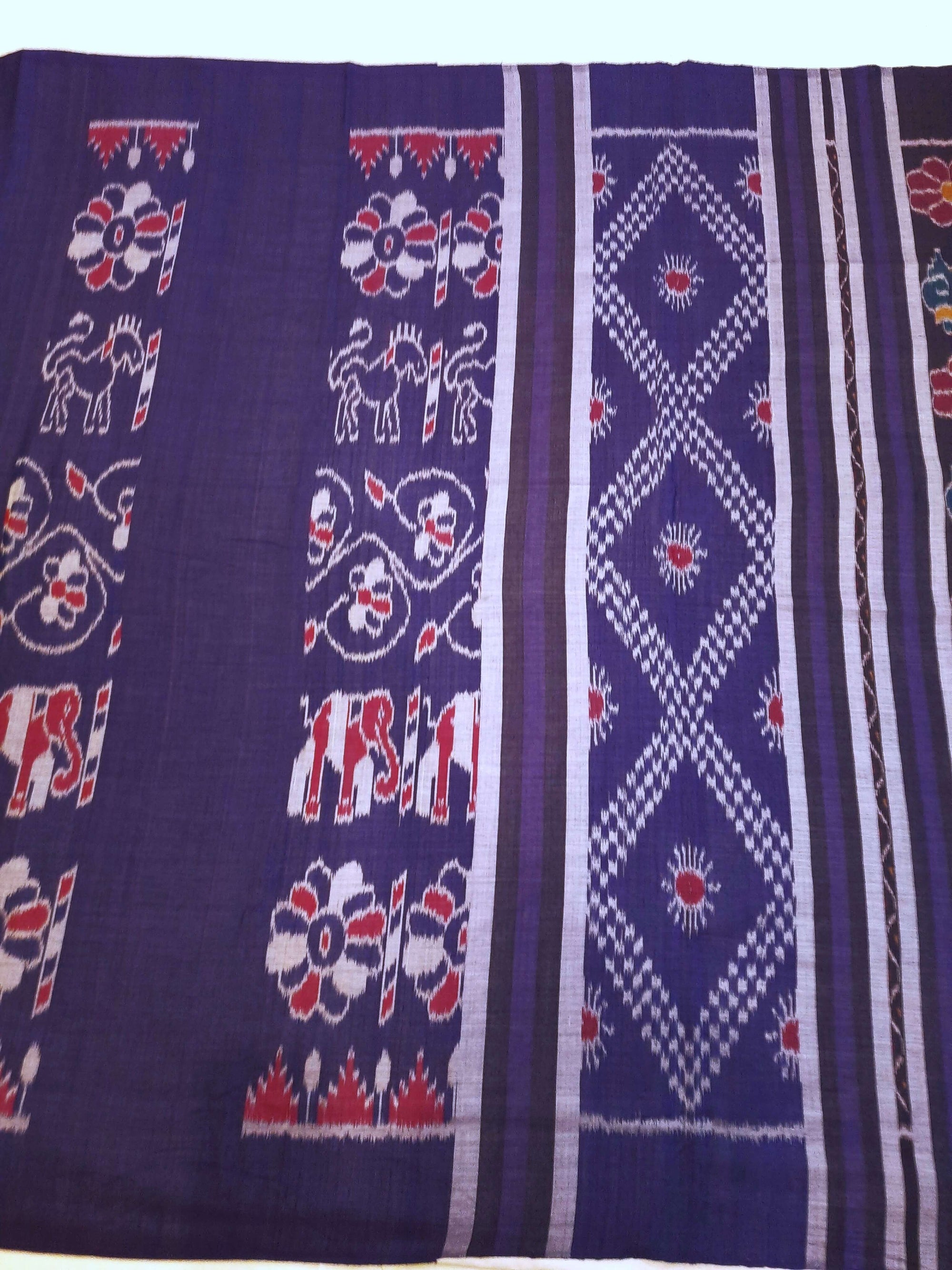 Blue cotton ikat wide border Saree with mix match cotton ikat blouse piece