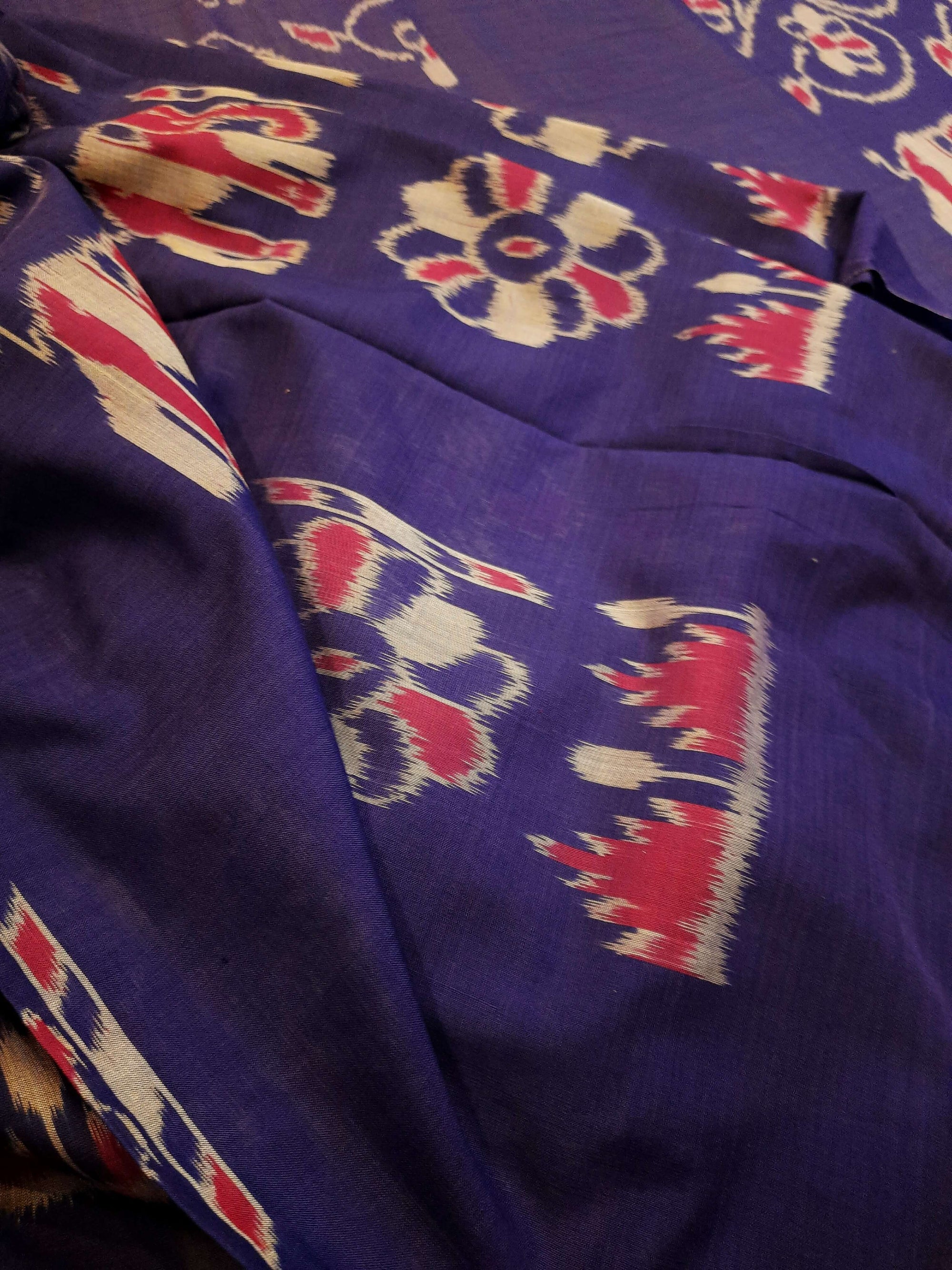 Blue cotton ikat wide border Saree with mix match cotton ikat blouse piece