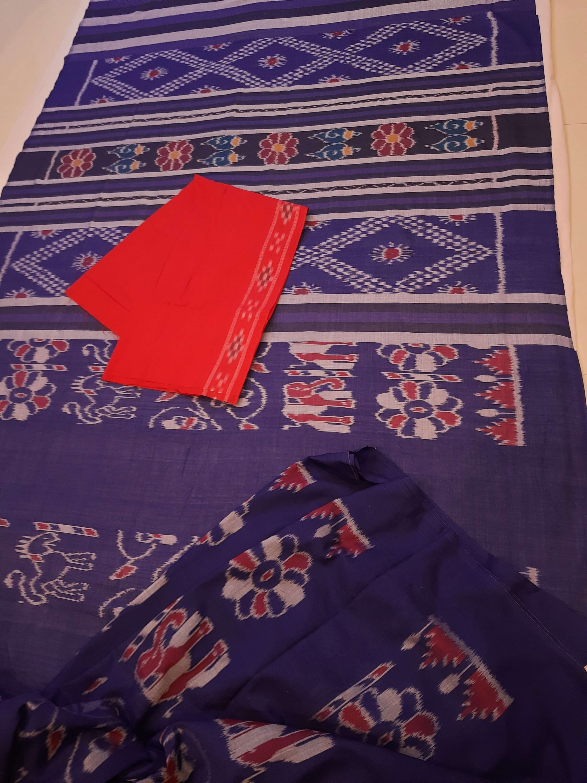 Blue cotton ikat wide border Saree with mix match cotton ikat blouse piece