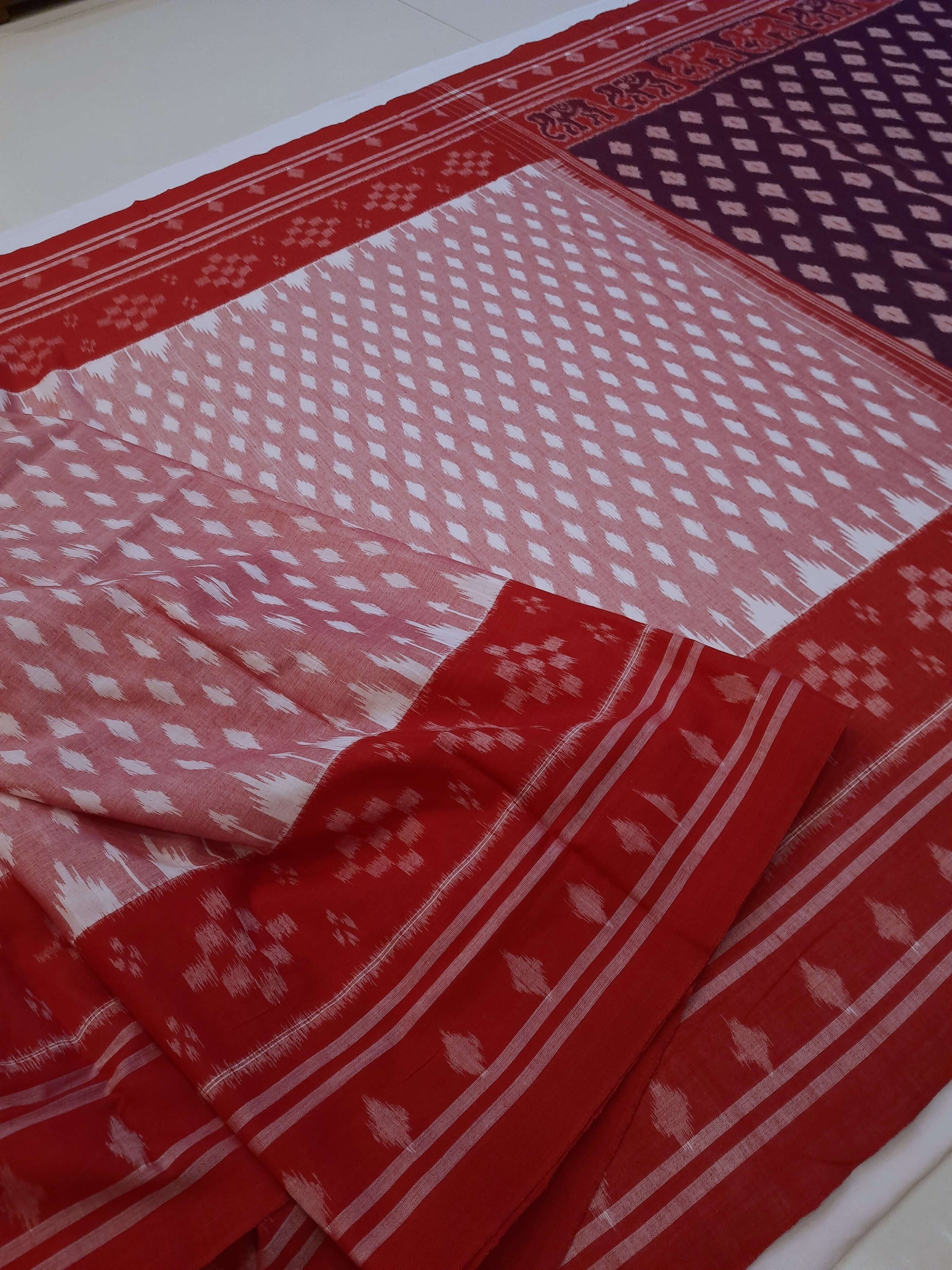 Pink with Red Cotton Odisha Ikat saree with cotton ikat blouse piece