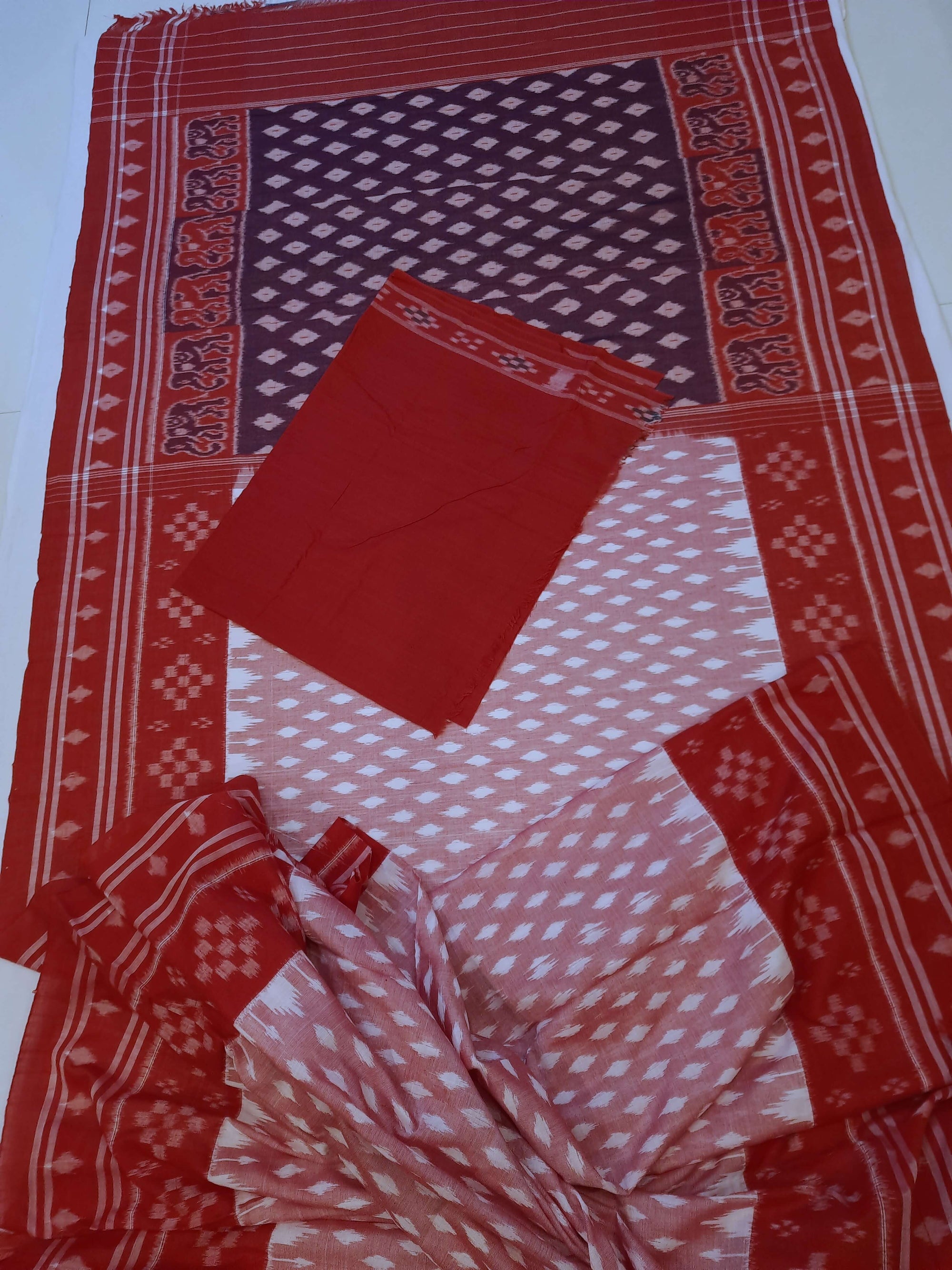 Pink with Red Cotton Odisha Ikat saree with cotton ikat blouse piece
