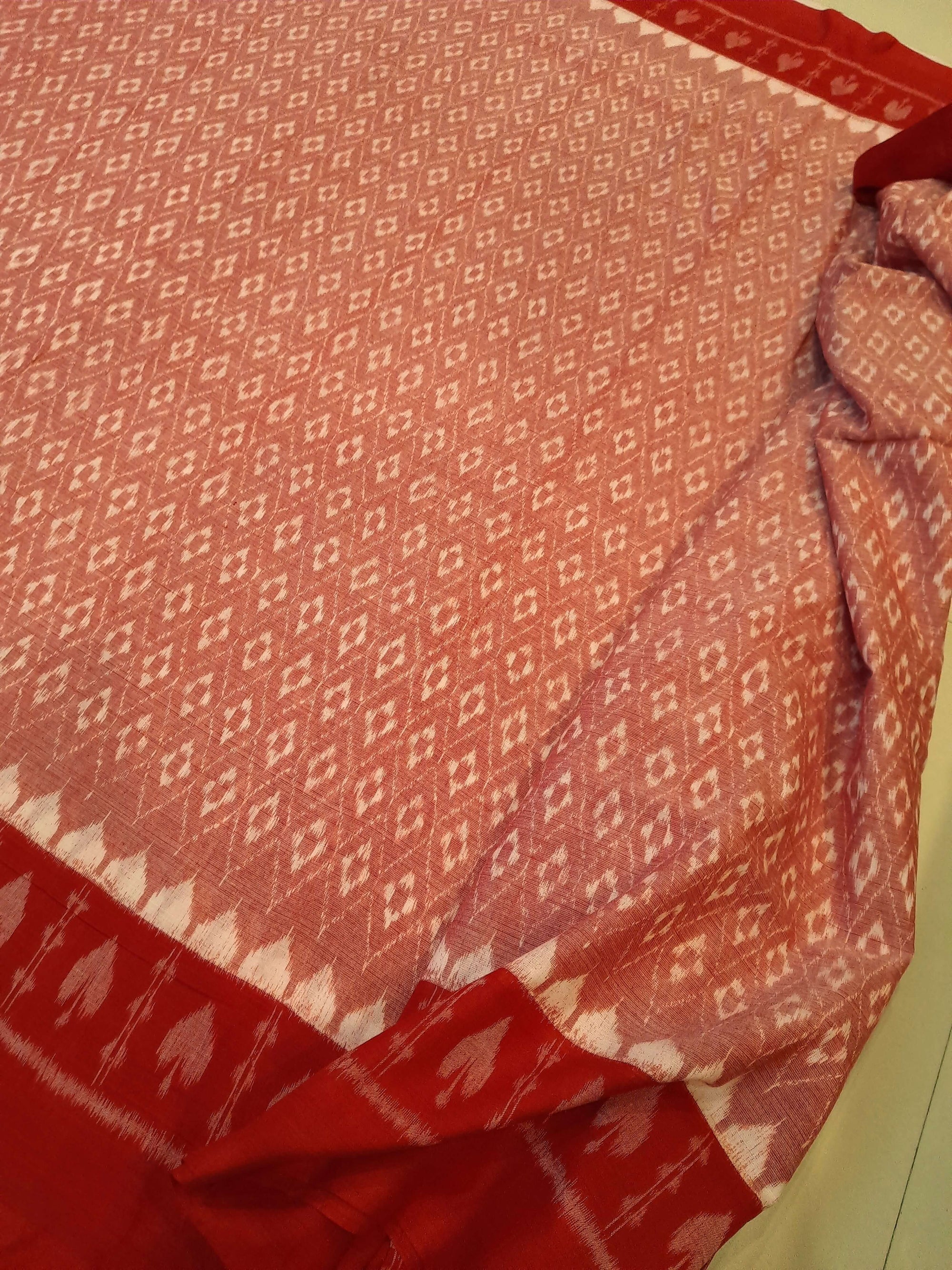 Pink with Red Cotton Odisha Ikat saree with running blouse piece
