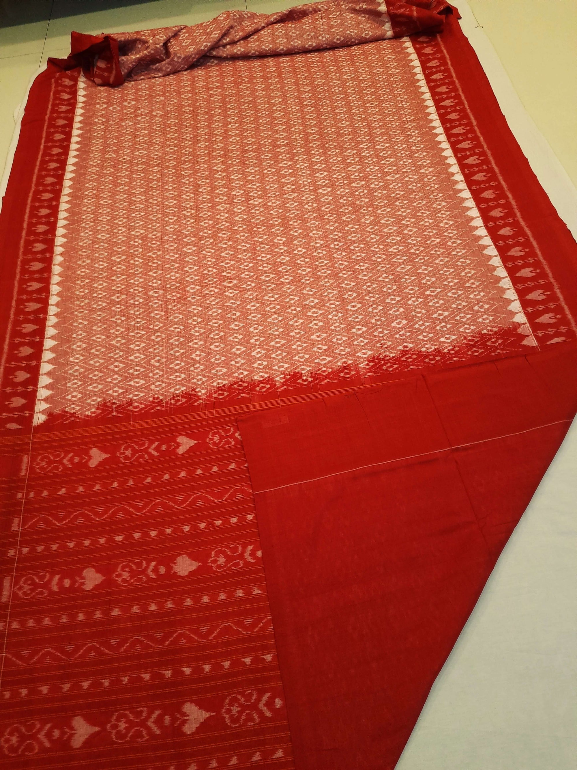 Pink with Red Cotton Odisha Ikat saree with running blouse piece