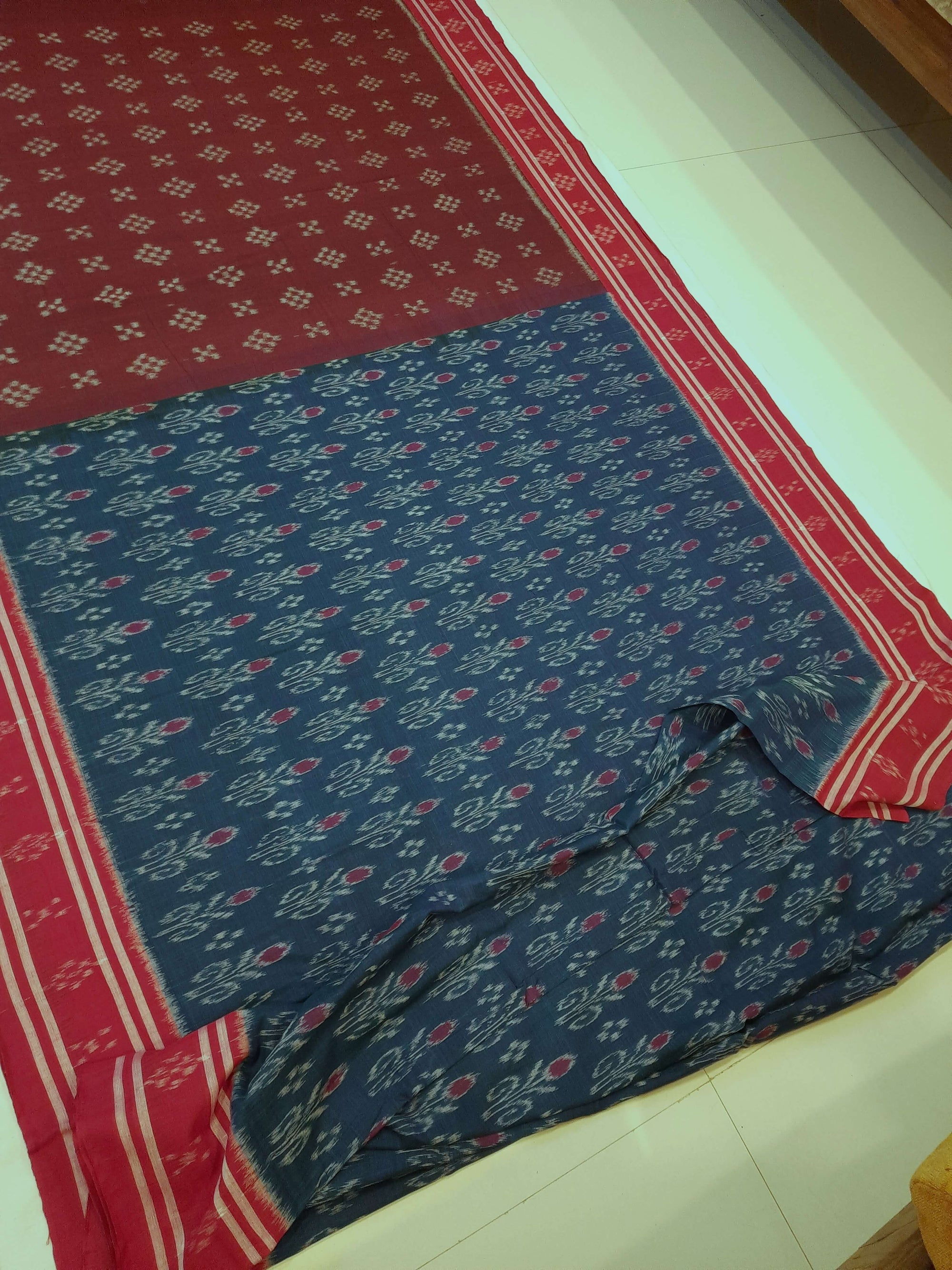 Blue Cotton Odisha Ikat saree with mix match cotton ikat blouse piece