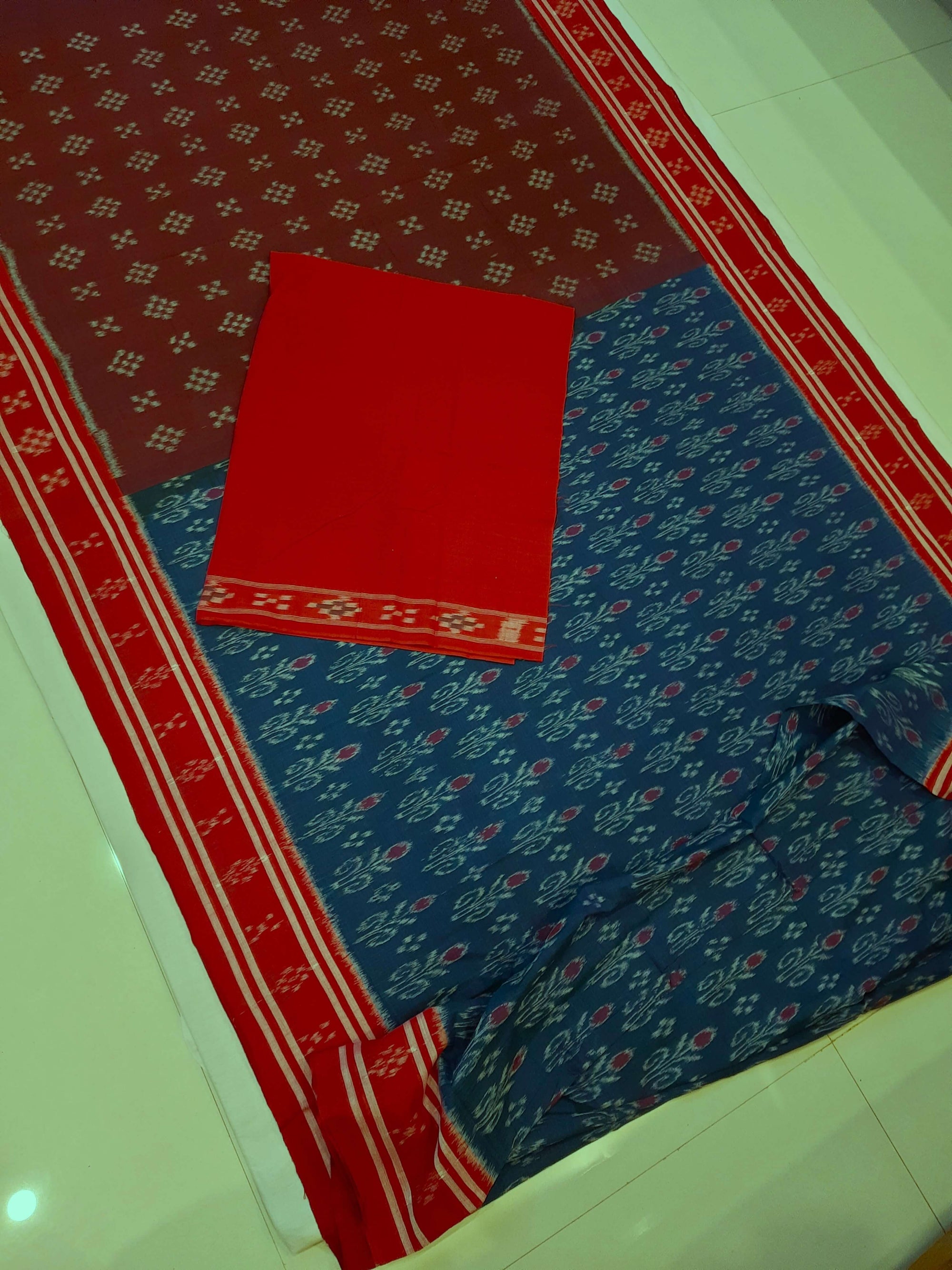 Blue Cotton Odisha Ikat saree with mix match cotton ikat blouse piece