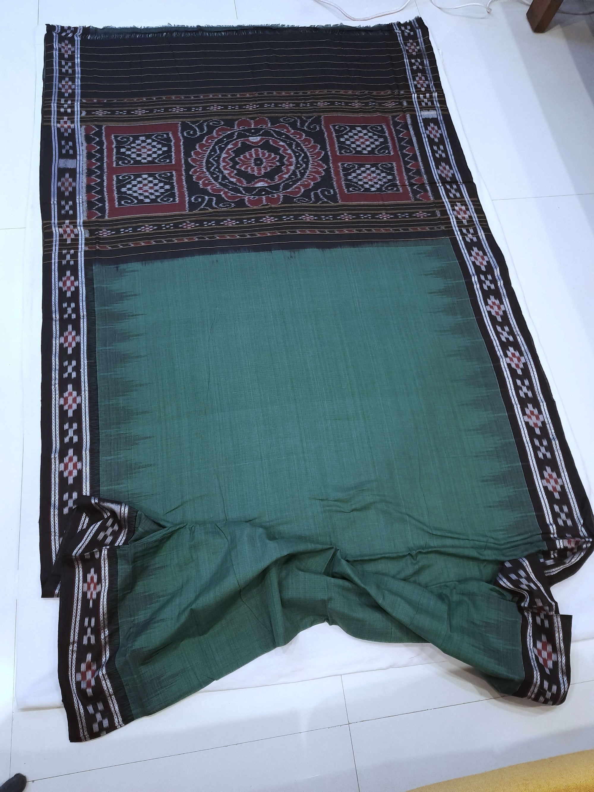 Green Black Odisha Ikat saree with cotton ikat blouse piece