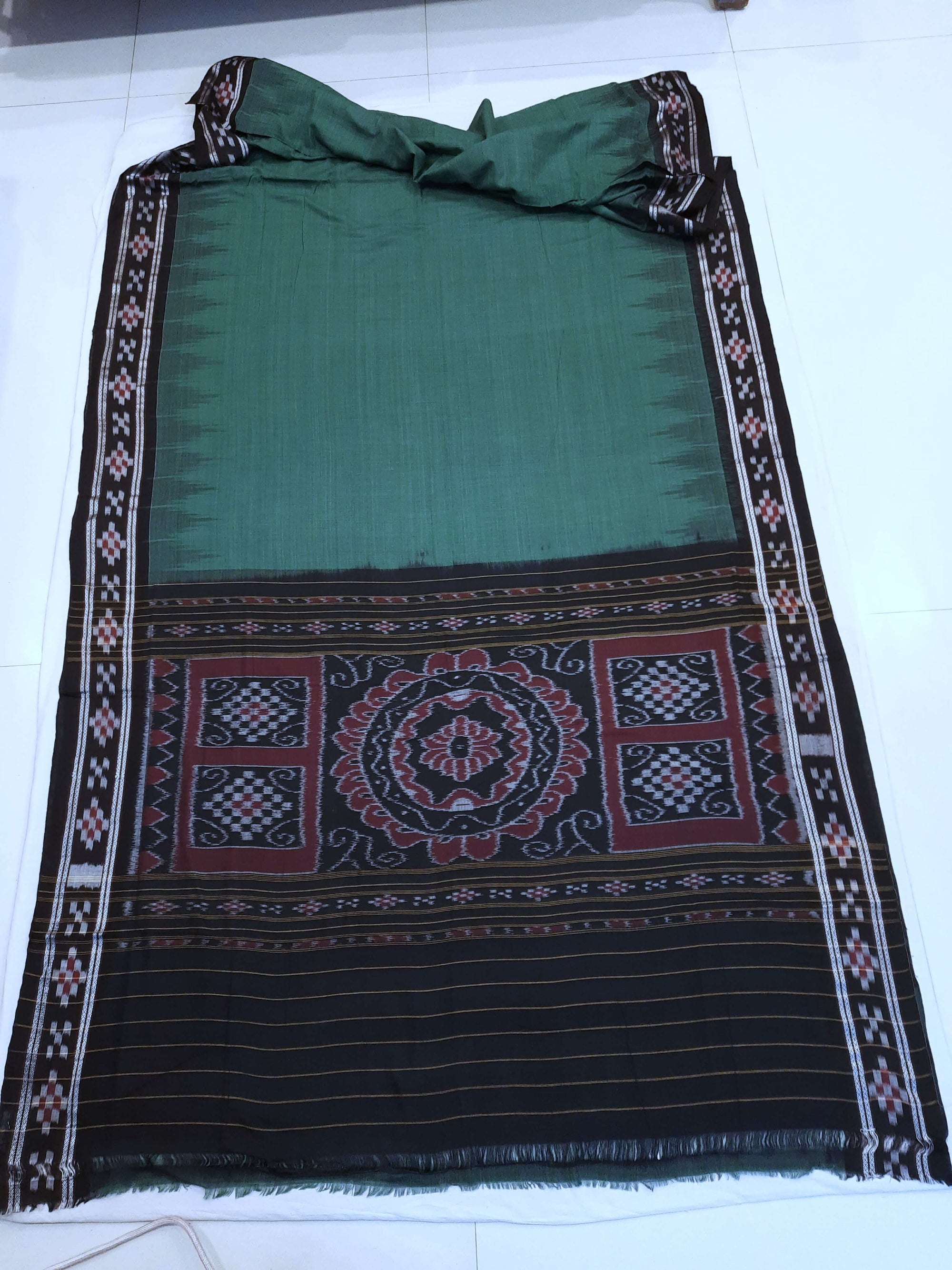 Green Black Odisha Ikat saree with cotton ikat blouse piece