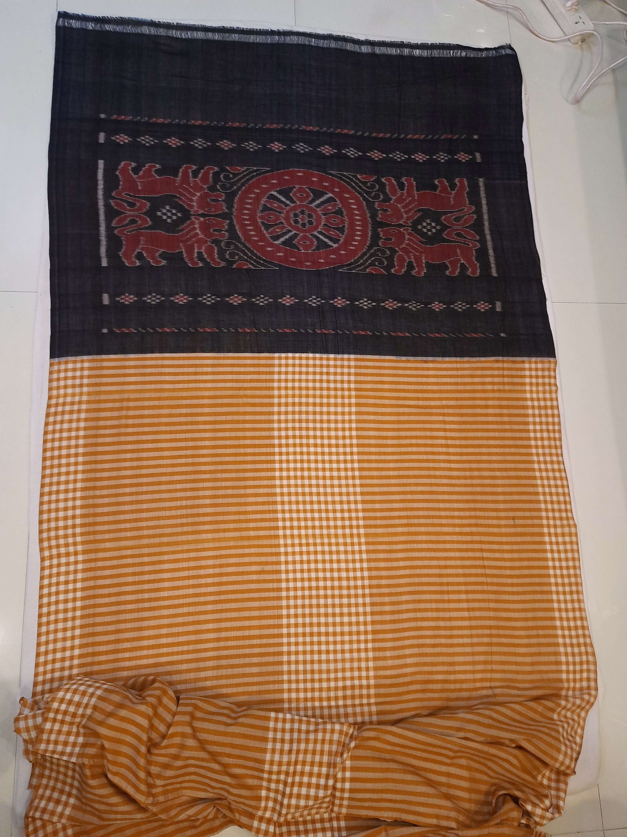 Mustard striped body Cotton Odisha Ikat saree with mix match blouse piece