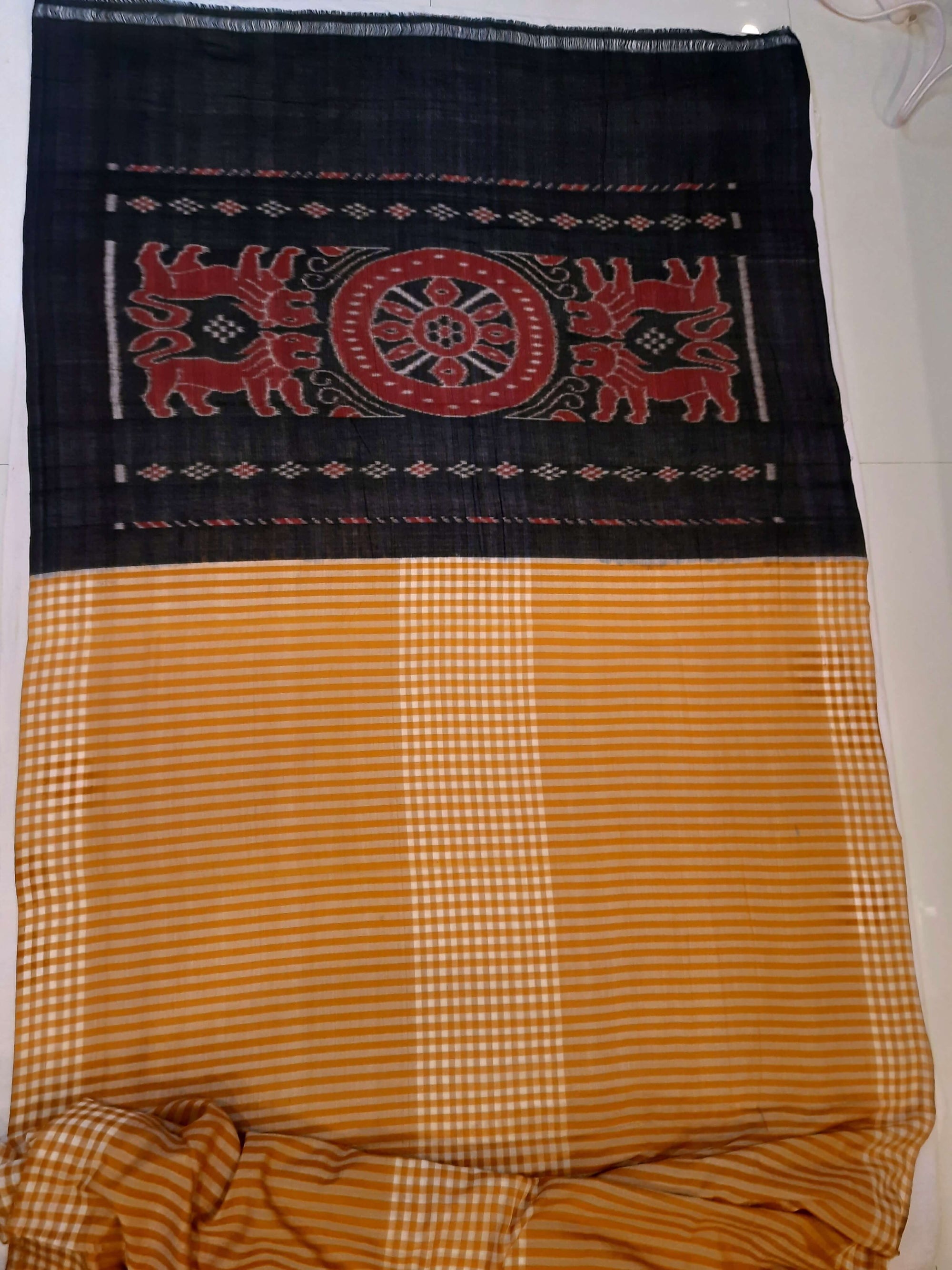 Mustard striped body Cotton Odisha Ikat saree with mix match blouse piece