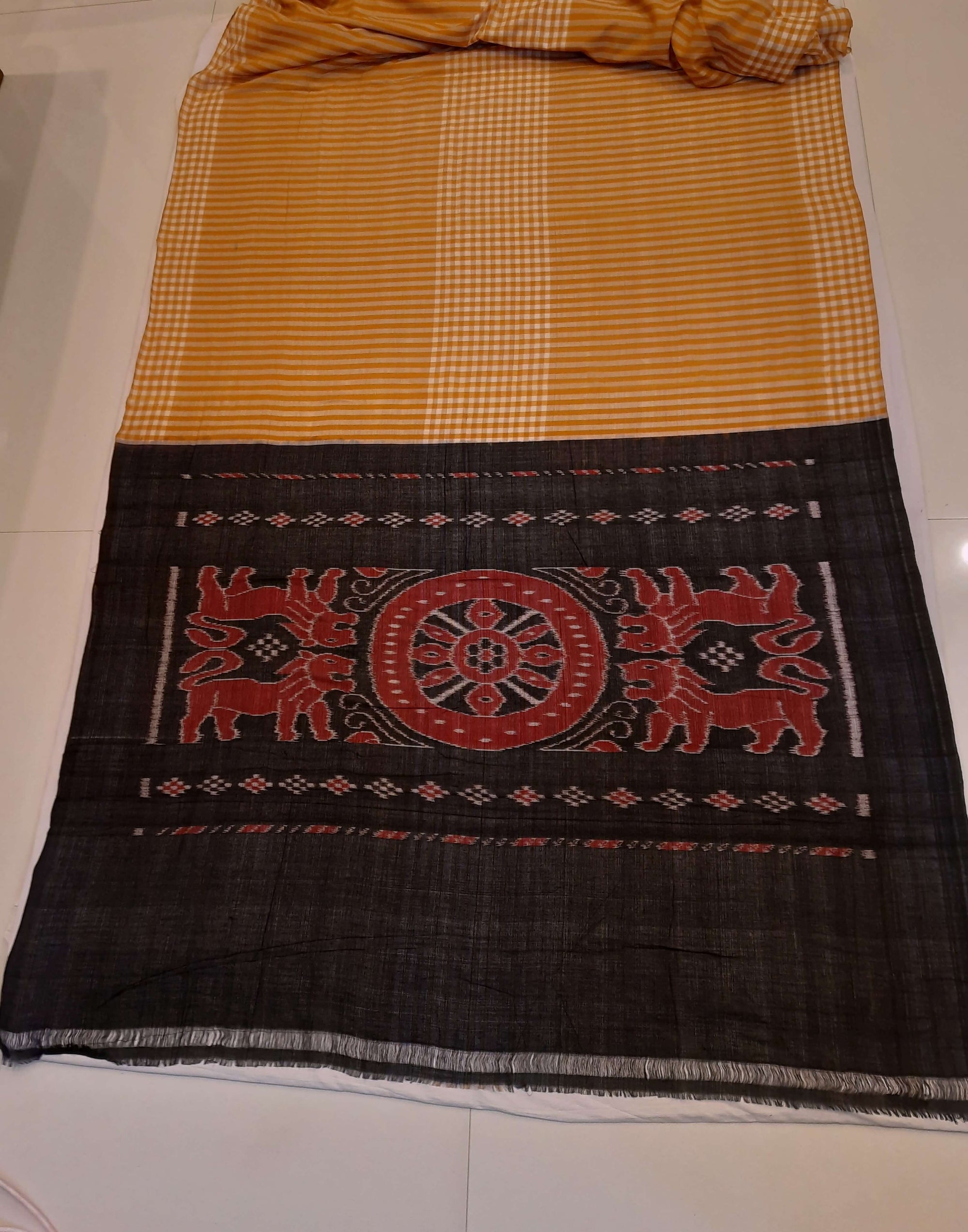 Mustard striped body Cotton Odisha Ikat saree with mix match blouse piece