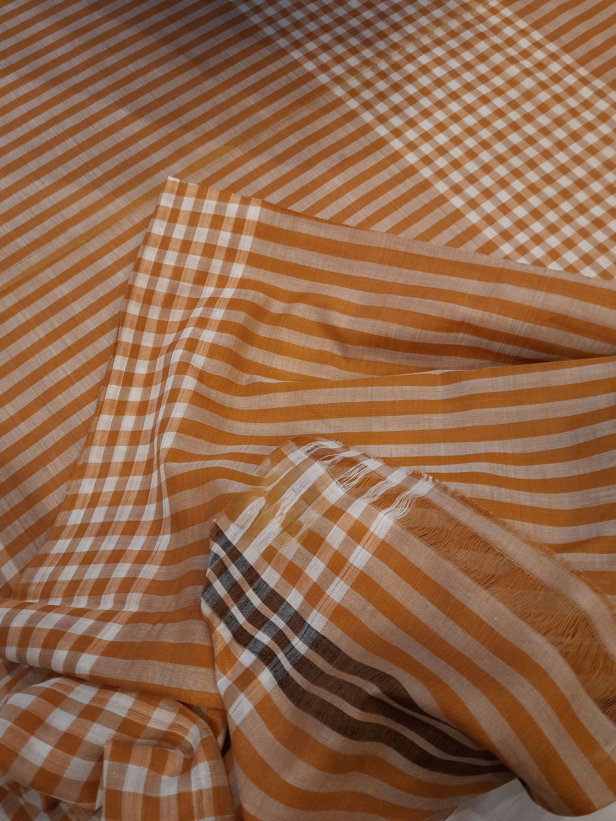 Mustard striped body Cotton Odisha Ikat saree with mix match blouse piece