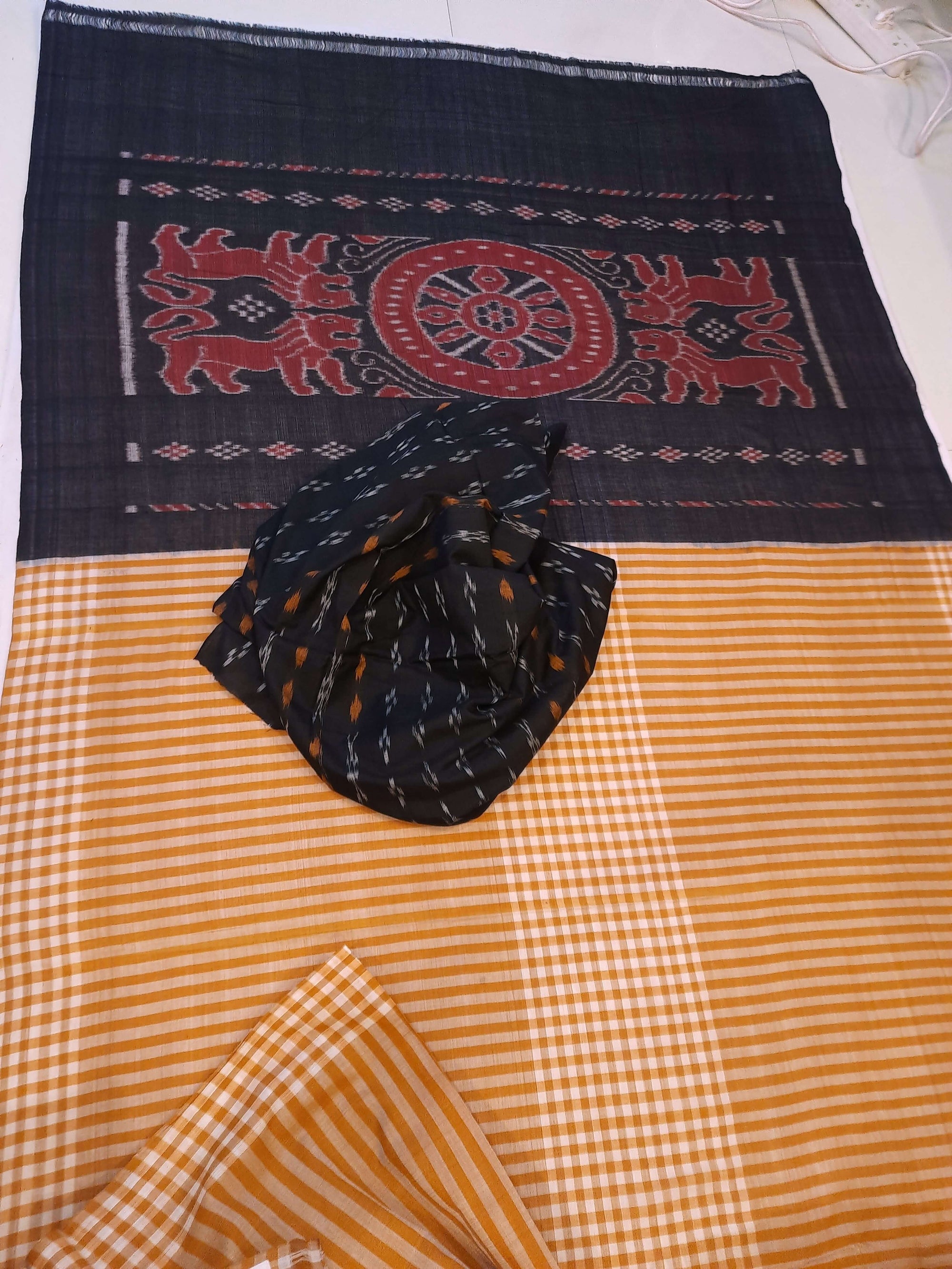 Mustard striped body Cotton Odisha Ikat saree with mix match blouse piece