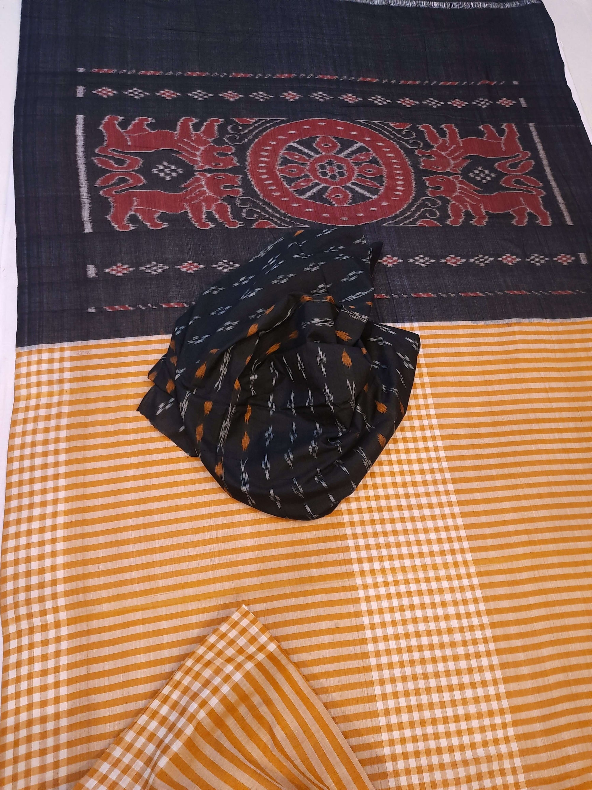 Mustard striped body Cotton Odisha Ikat saree with mix match blouse piece