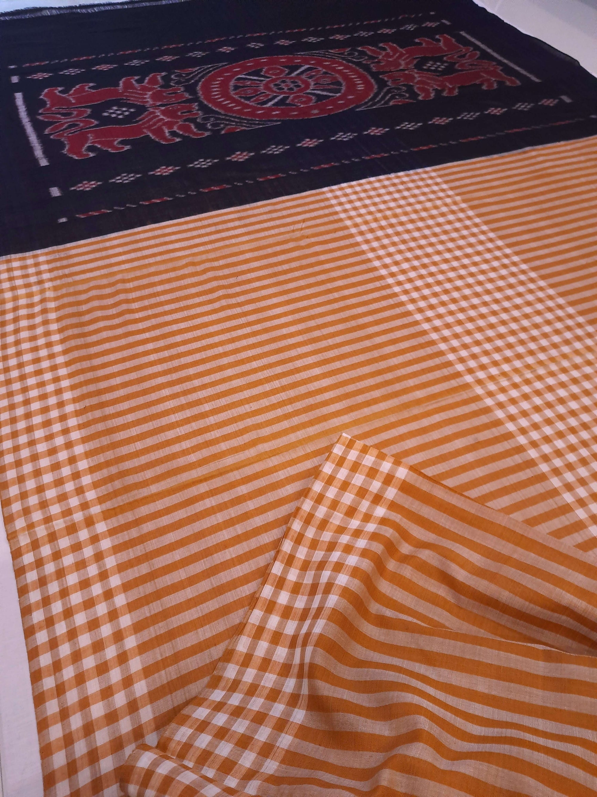 Mustard striped body Cotton Odisha Ikat saree with mix match blouse piece