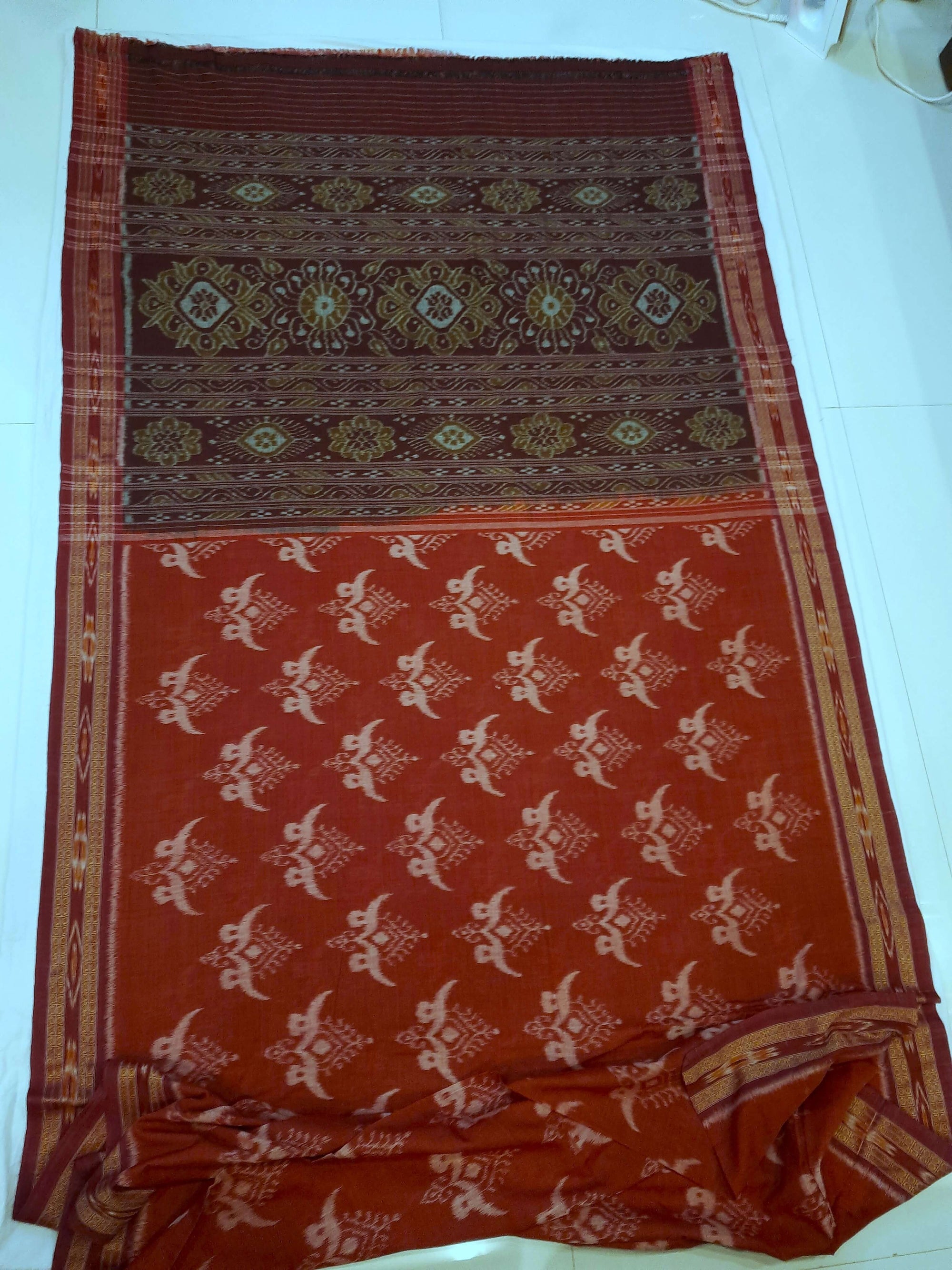 Rust with Maroon Cotton Odisha Ikat saree with cotton ikat blouse piece