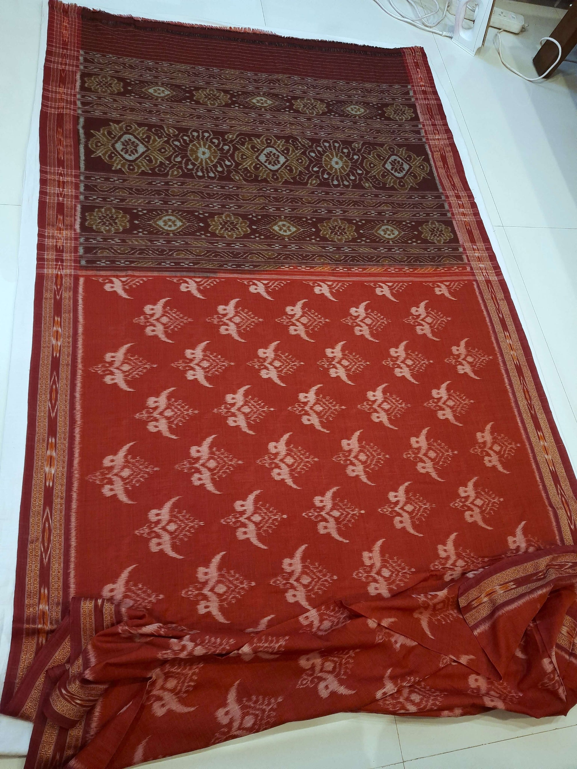 Rust with Maroon Cotton Odisha Ikat saree with cotton ikat blouse piece