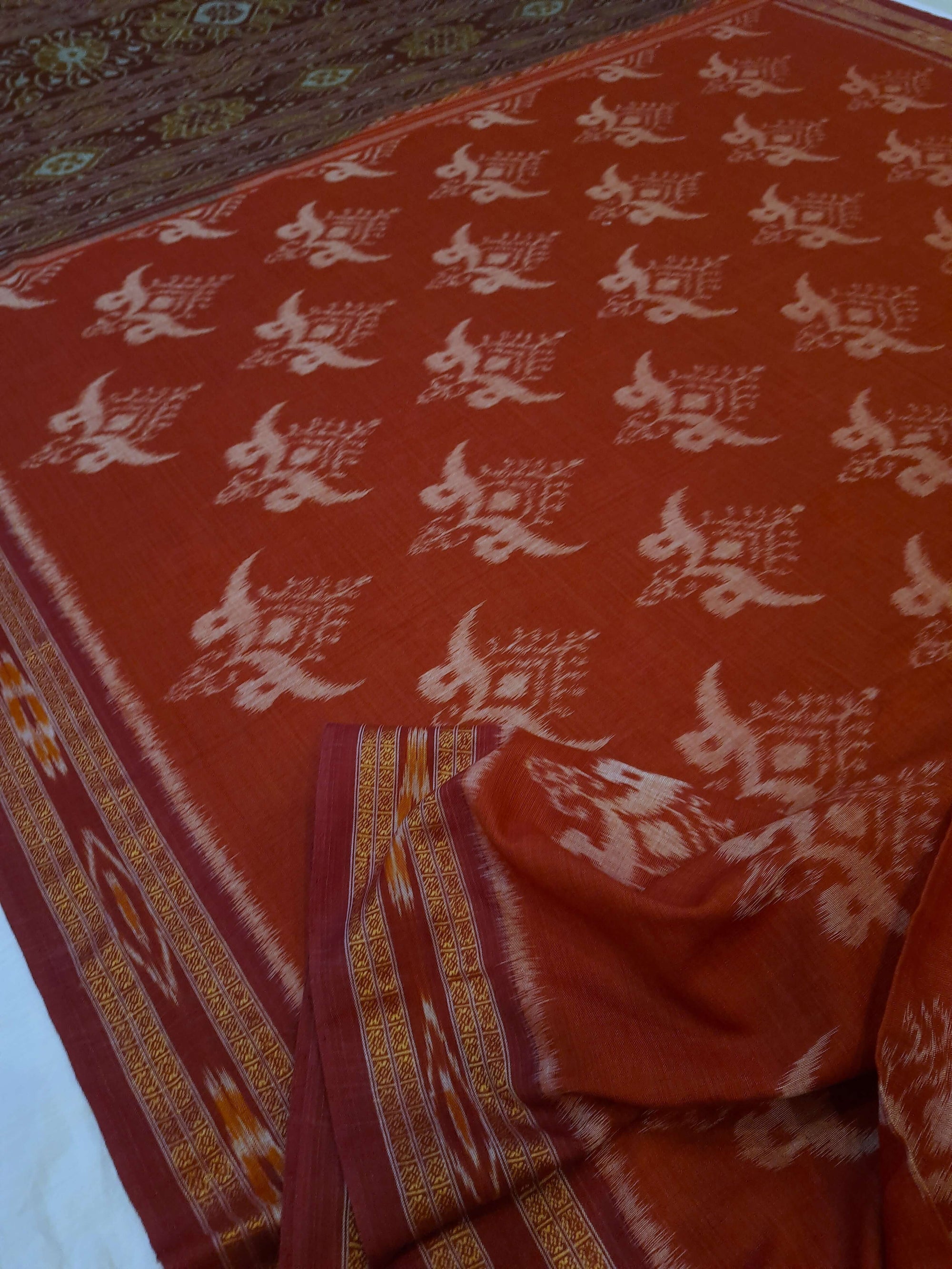 Rust with Maroon Cotton Odisha Ikat saree with cotton ikat blouse piece