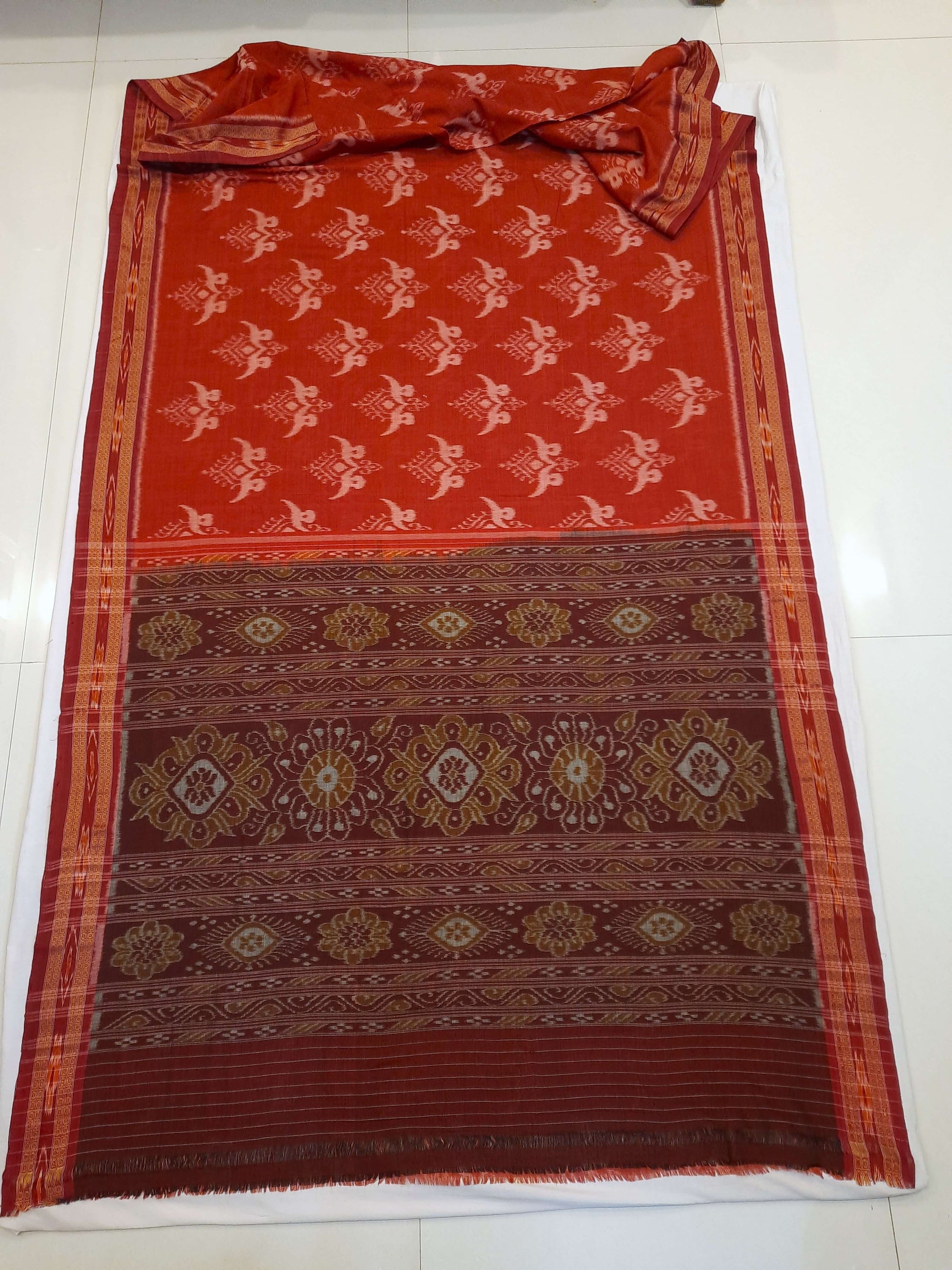 Rust with Maroon Cotton Odisha Ikat saree with cotton ikat blouse piece