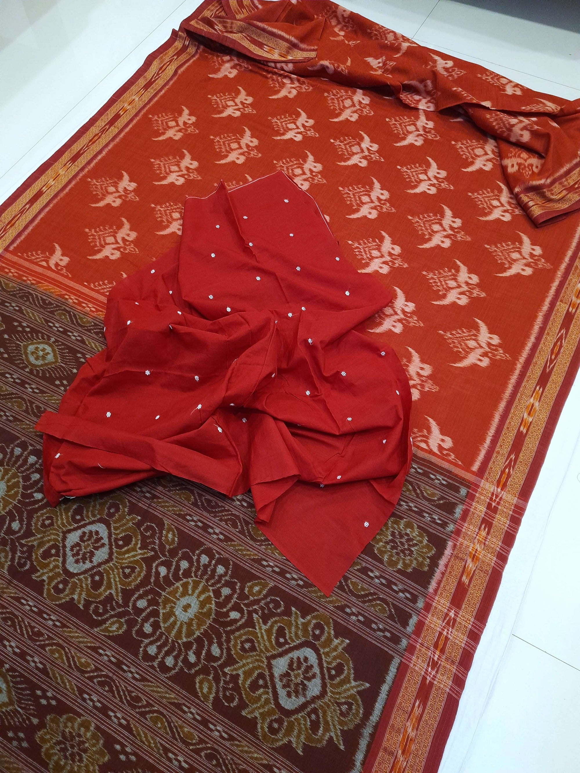 Rust with Maroon Cotton Odisha Ikat saree with cotton ikat blouse piece