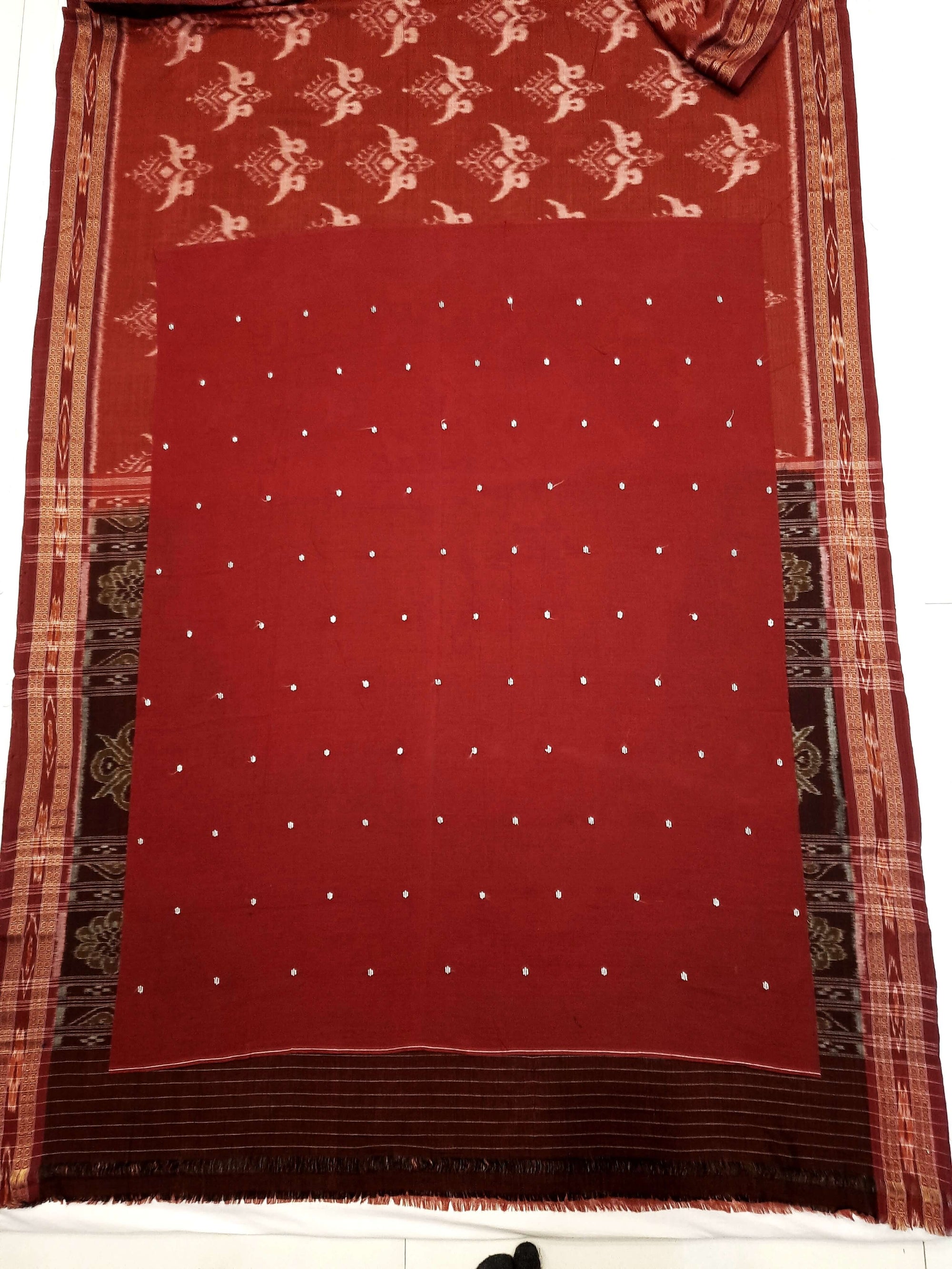 Rust with Maroon Cotton Odisha Ikat saree with cotton ikat blouse piece