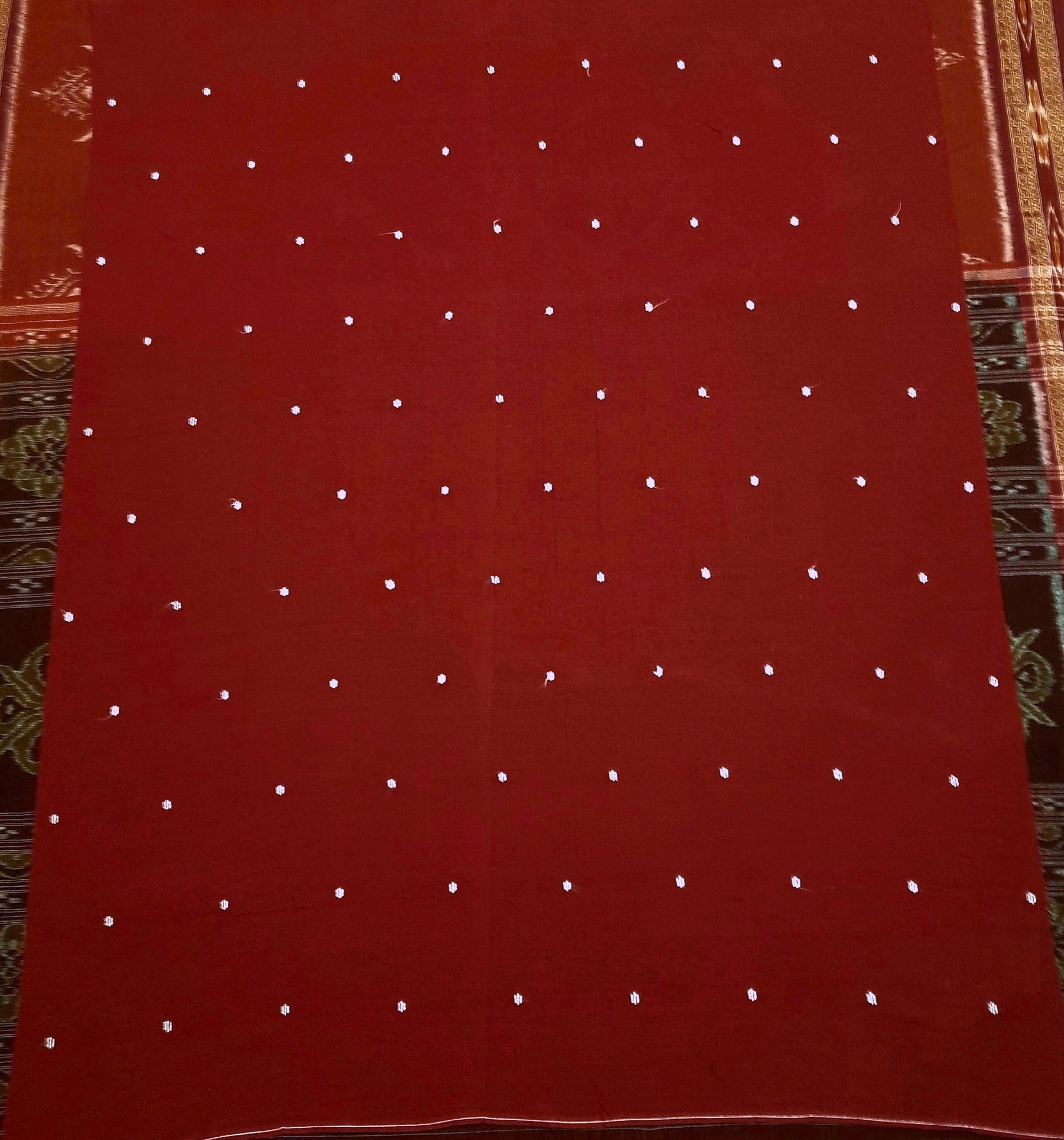 Maroon cotton ikat wide border Saree with cotton ikat blouse piece