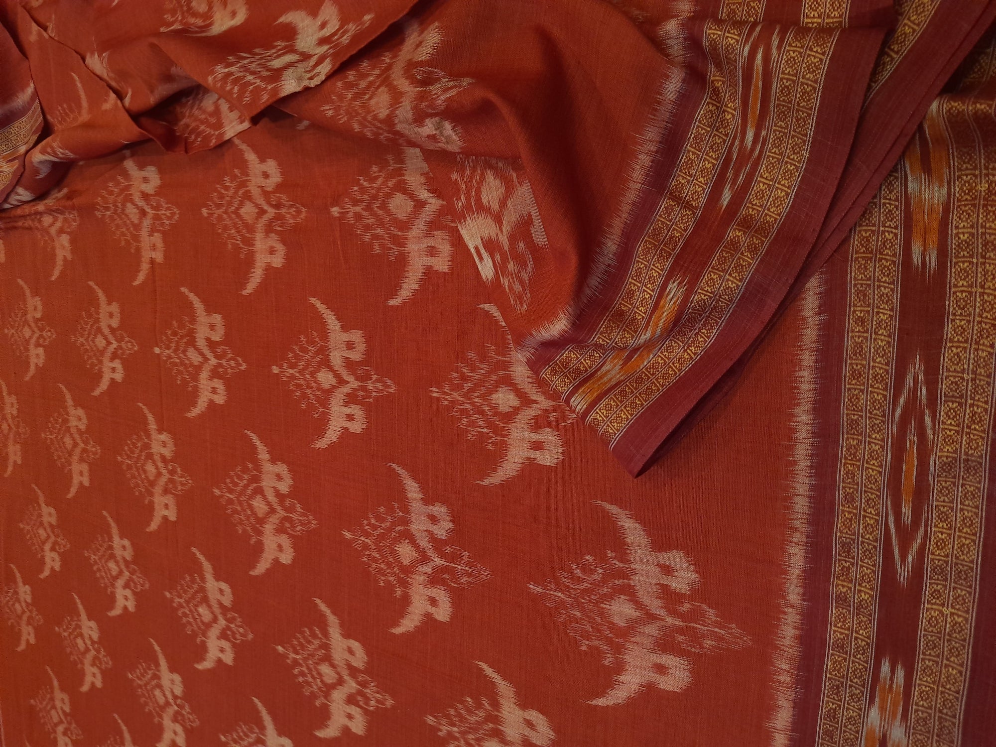 Rust with Maroon Cotton Odisha Ikat saree with cotton ikat blouse piece