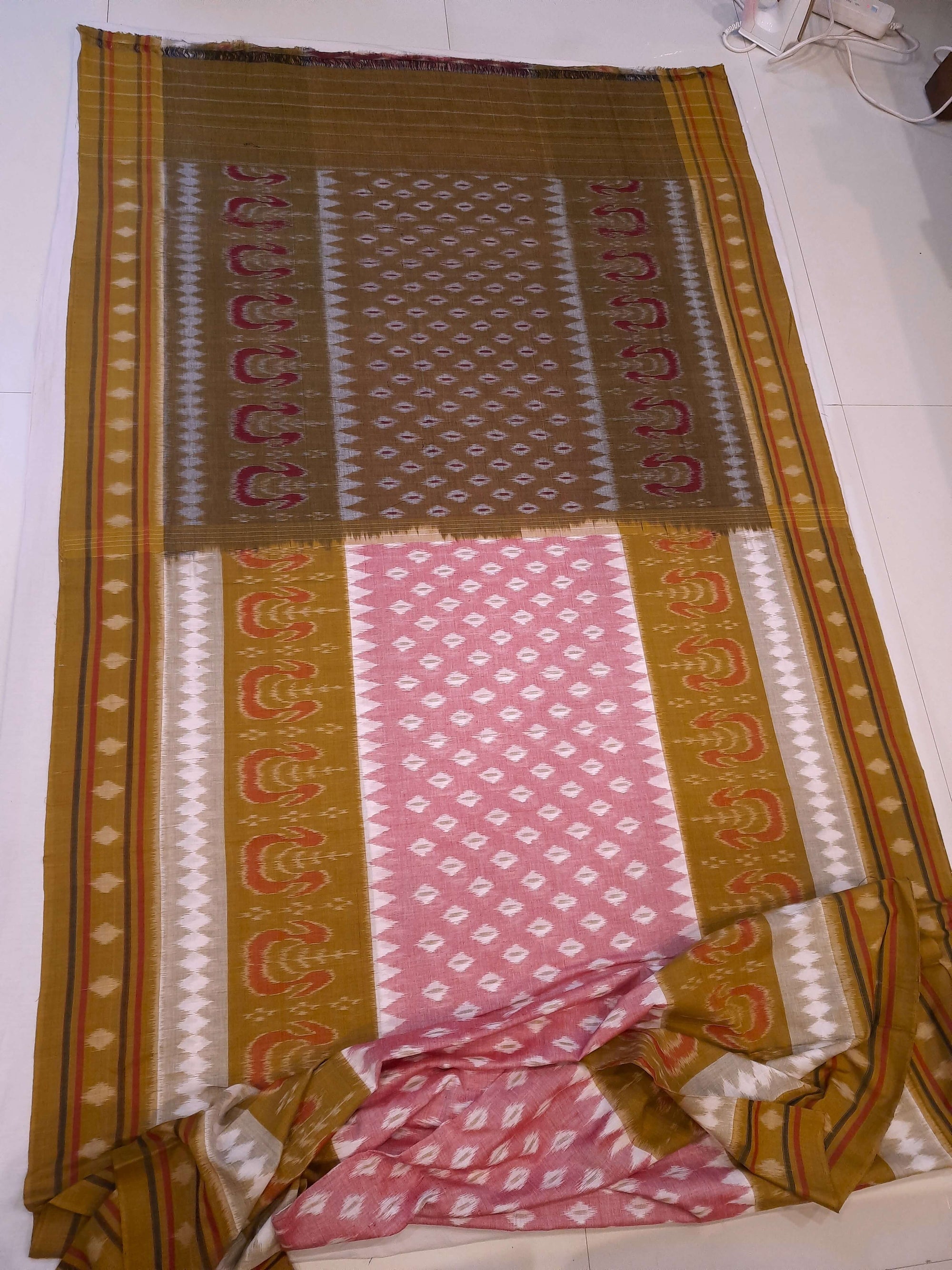 Pink Cotton Odisha Ikat saree with cotton ikat blouse piece