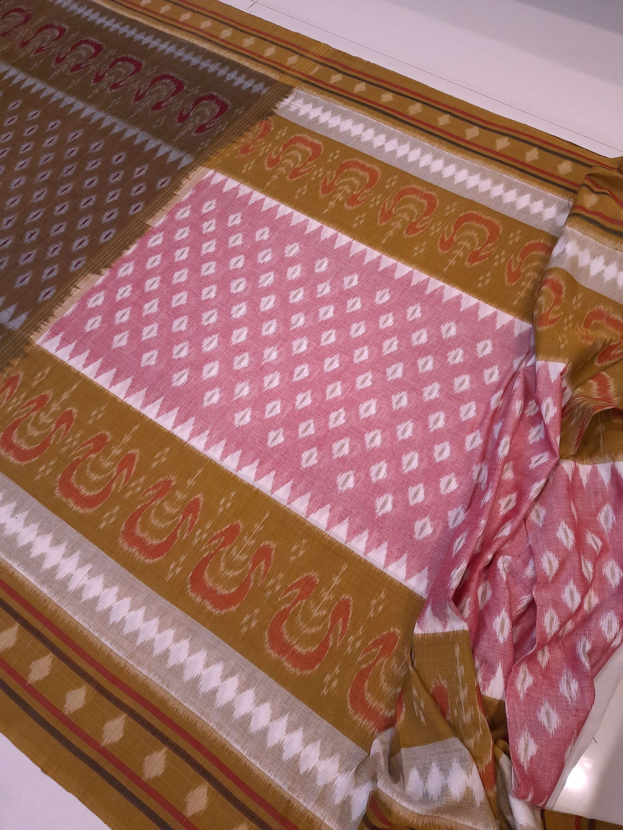 Pink Cotton Odisha Ikat saree with cotton ikat blouse piece