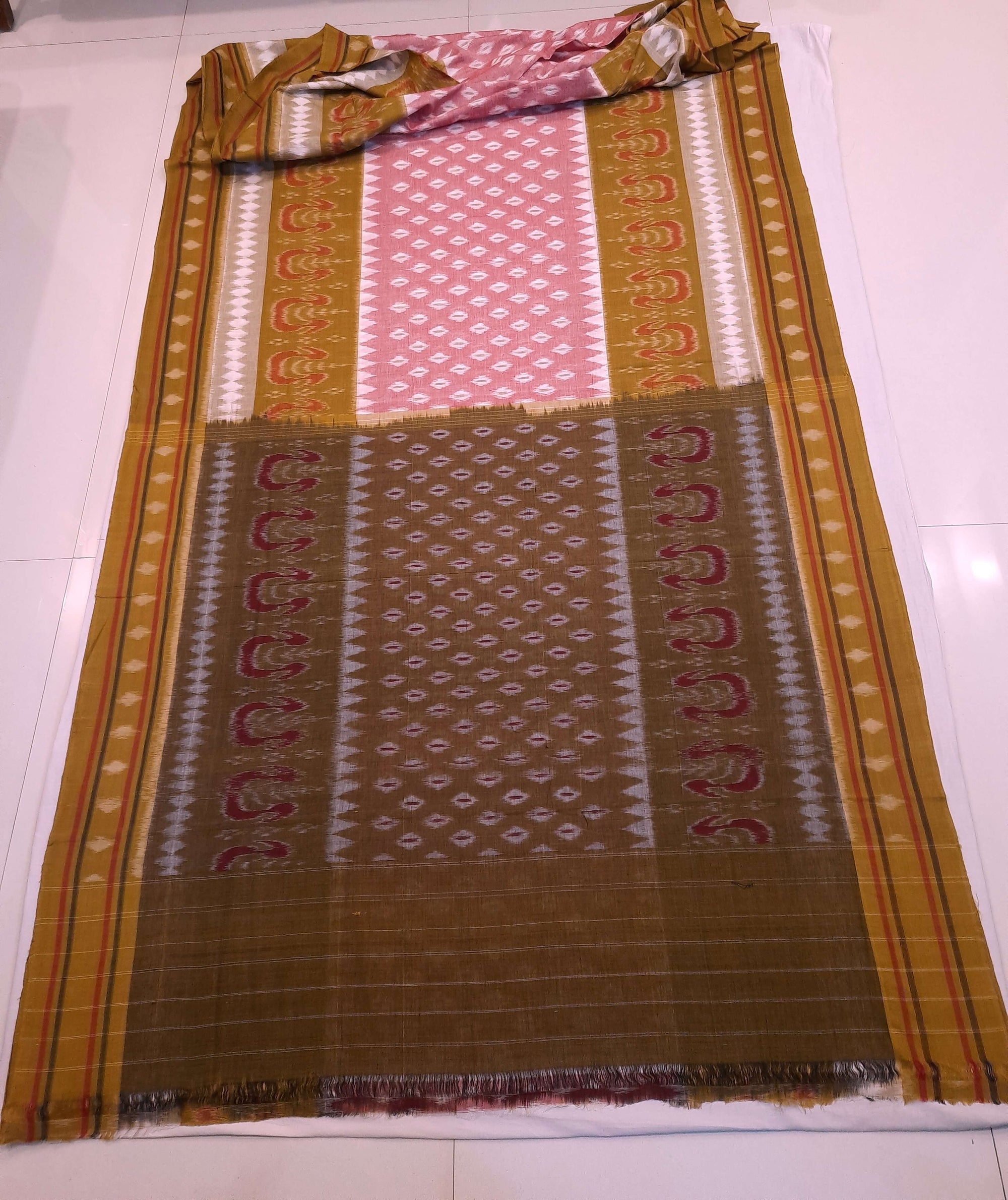 Pink Cotton Odisha Ikat saree with cotton ikat blouse piece