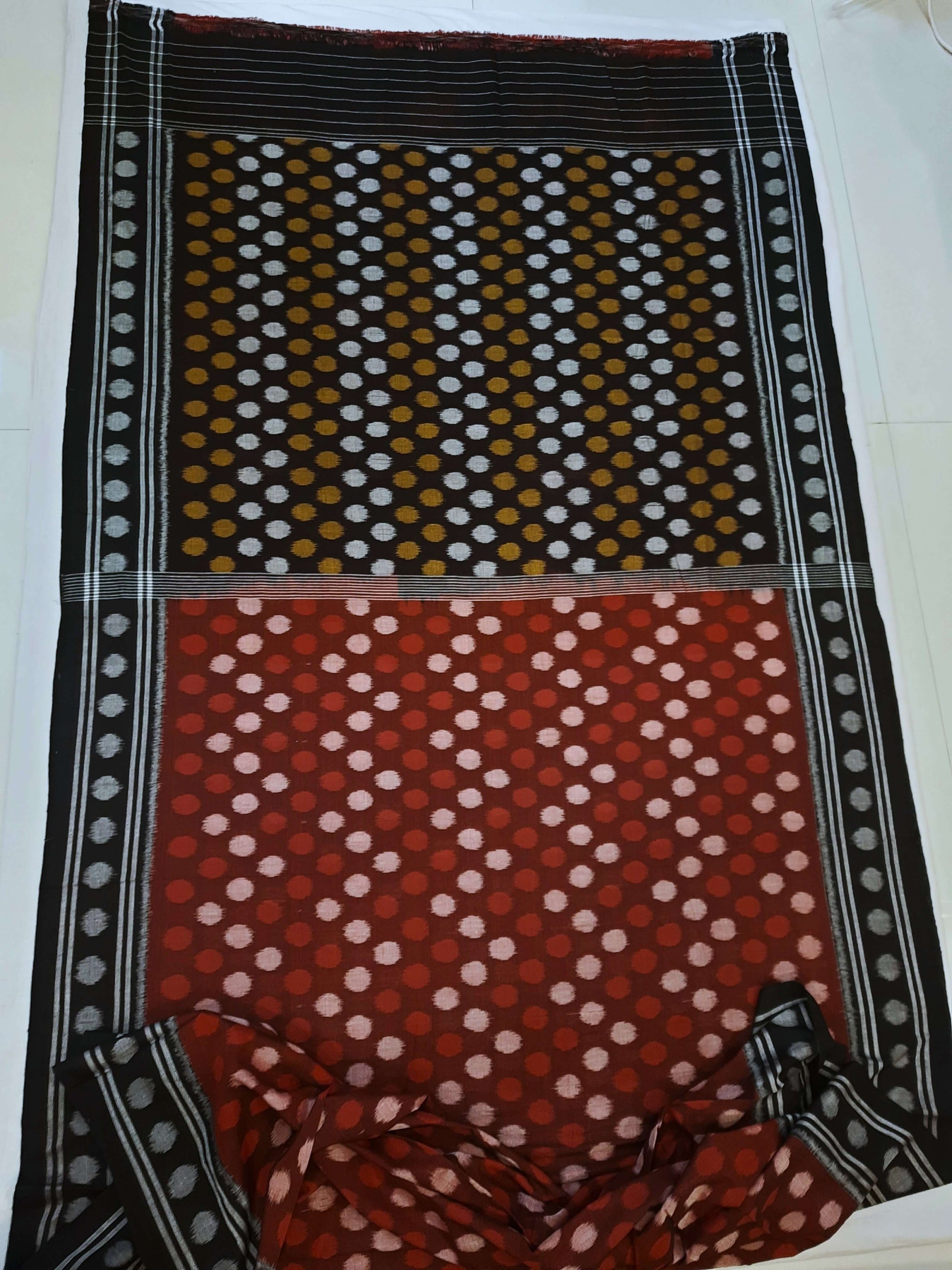 Maroon Polka dot Cotton Odisha Ikat saree with cotton ikat blouse piece